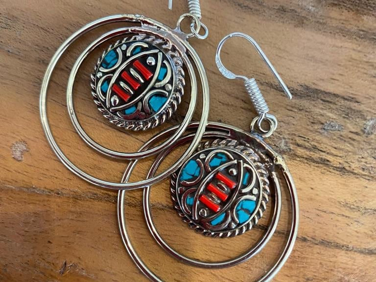 Sistergolden Zulu Turquoise Coral Tibetan Earrings