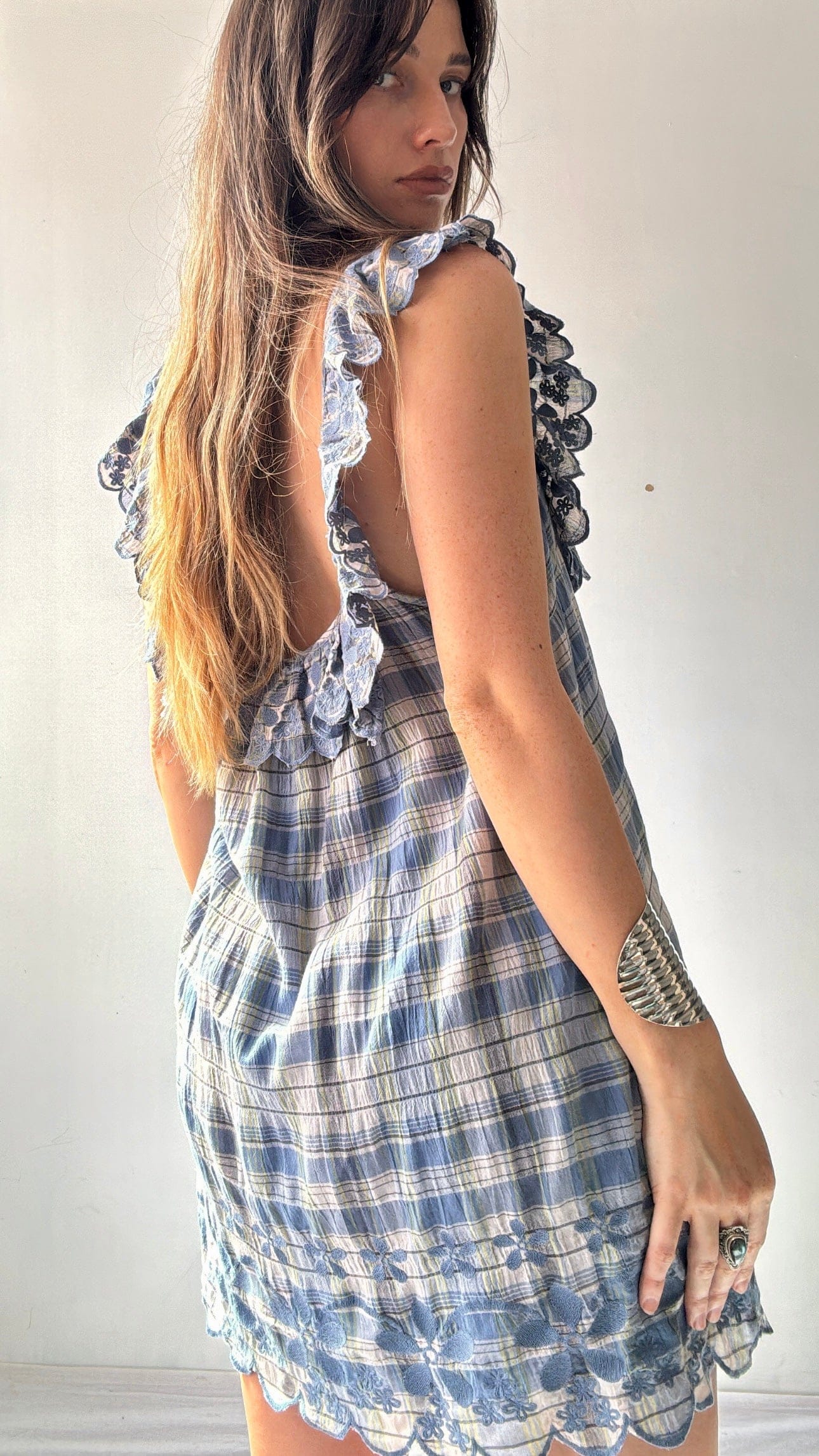 free people blue plaid dress Free People Milo Pink Blue Plaid Mini Dress Button Front Size XS Elastic Waist