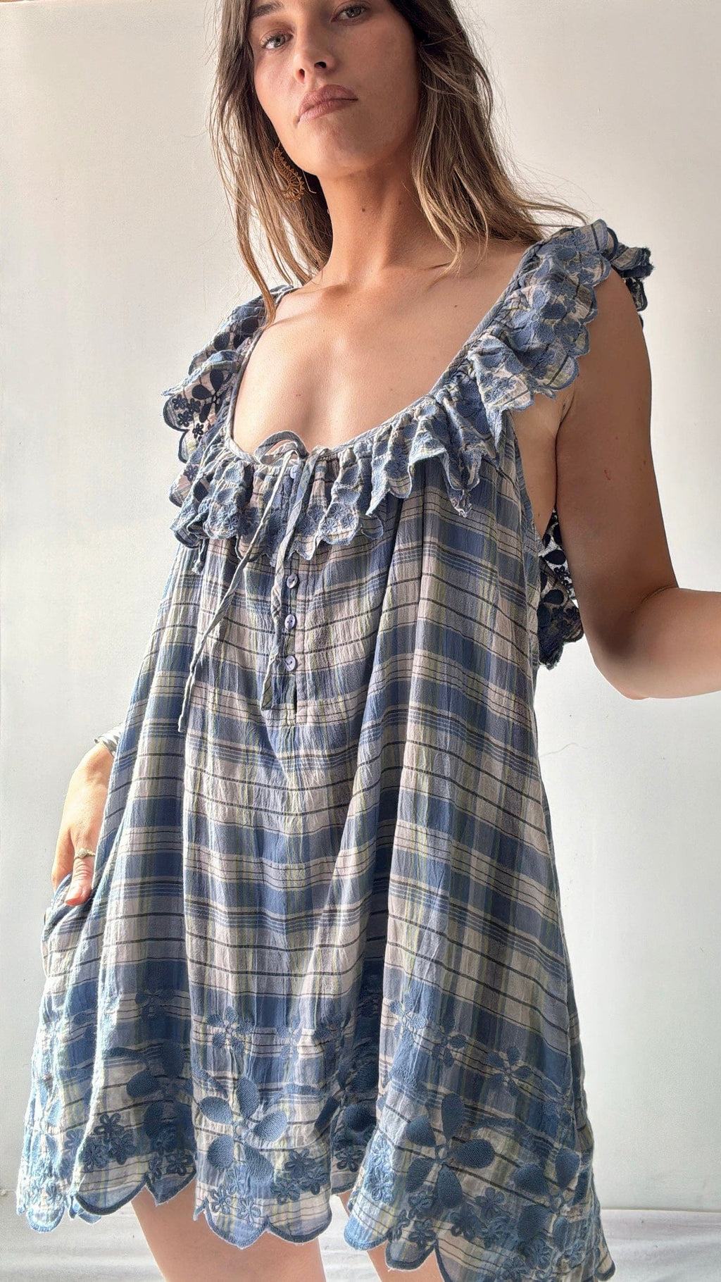 free people blue plaid dress Free People | Blue Plaid Flannel Leather Strap Dress