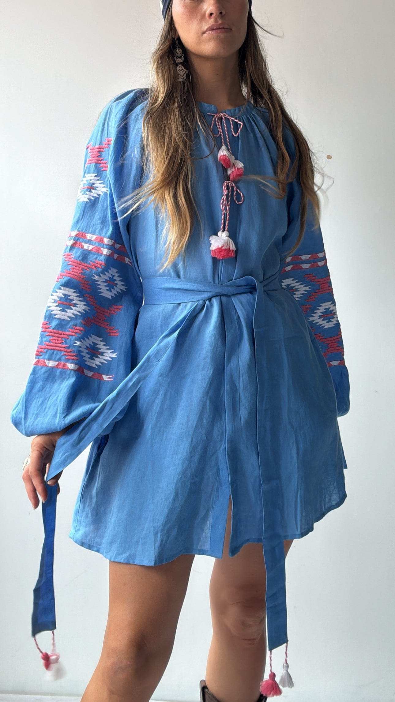 March 11 Dress March 11 Blue/Pink Linen Dress Aztec