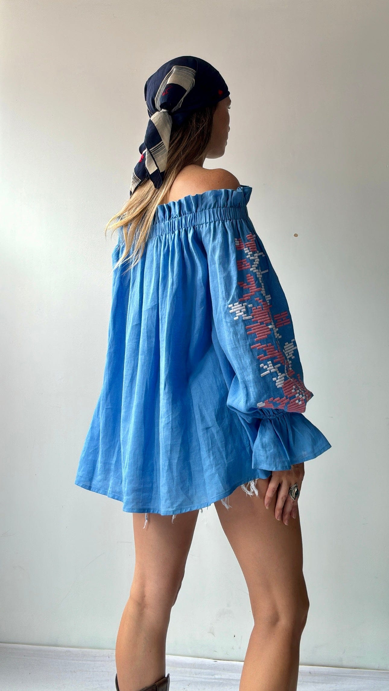 March 11 Top March 11 Blue/Pink Linen Off Shoulder Top