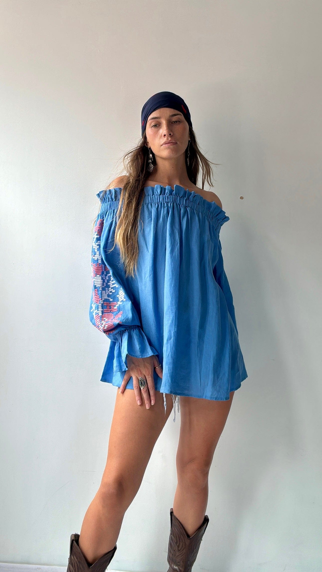 March 11 Top March 11 Blue/Pink Linen Off Shoulder Top