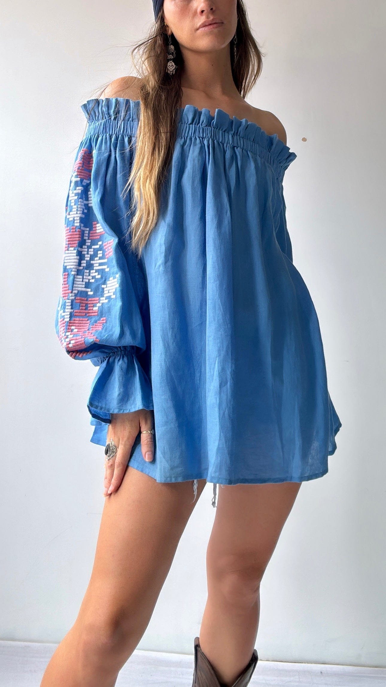 March 11 Top March 11 Blue/Pink Linen Off Shoulder Top