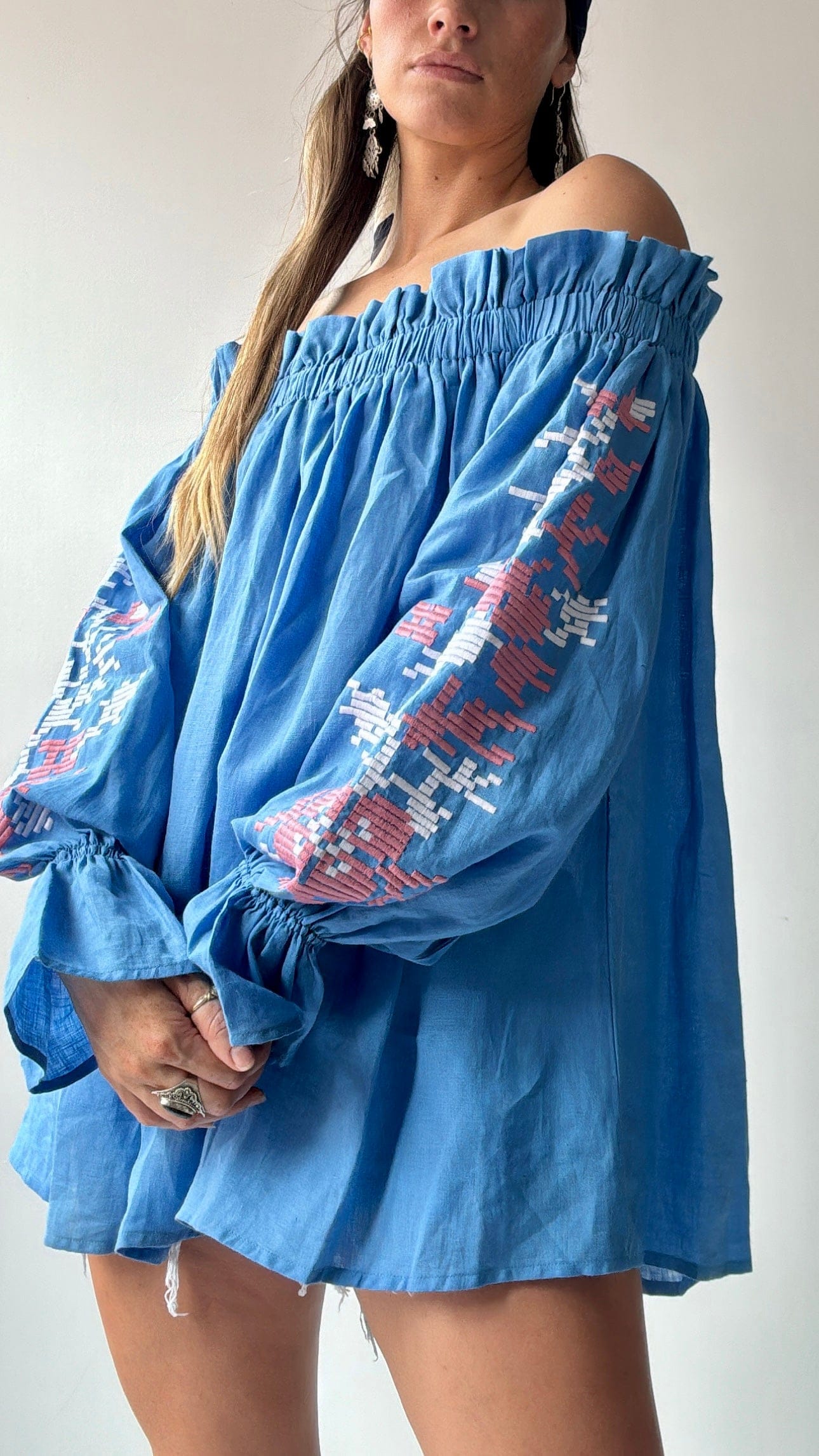 March 11 Top March 11 Blue/Pink Linen Off Shoulder Top