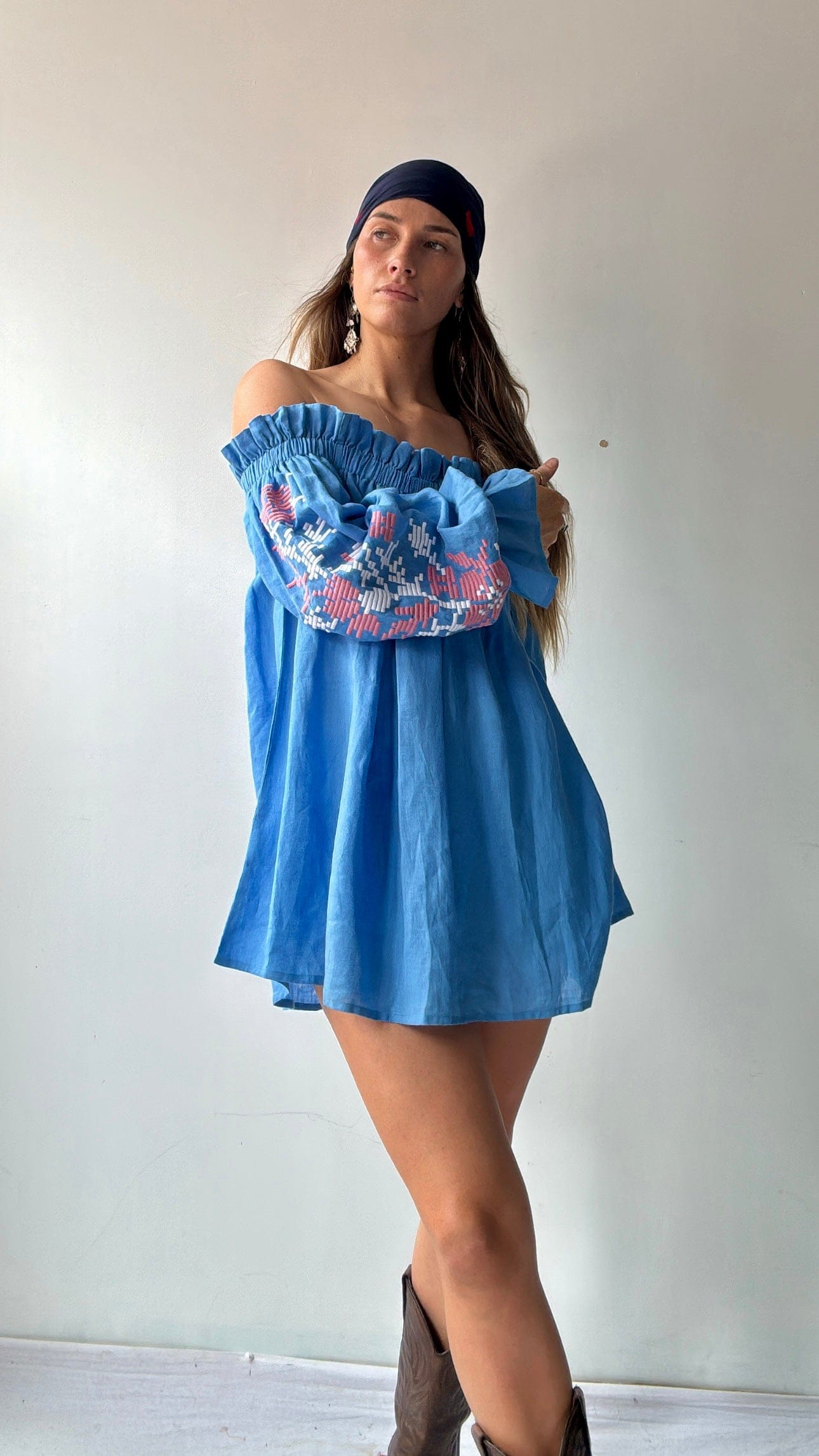 March 11 Top March 11 Blue/Pink Linen Off Shoulder Top