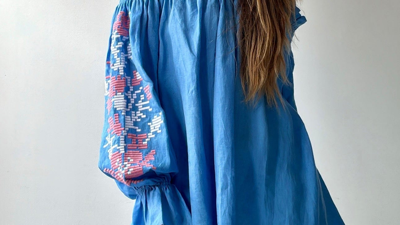 March 11 Top March 11 Blue/Pink Linen Off Shoulder Top