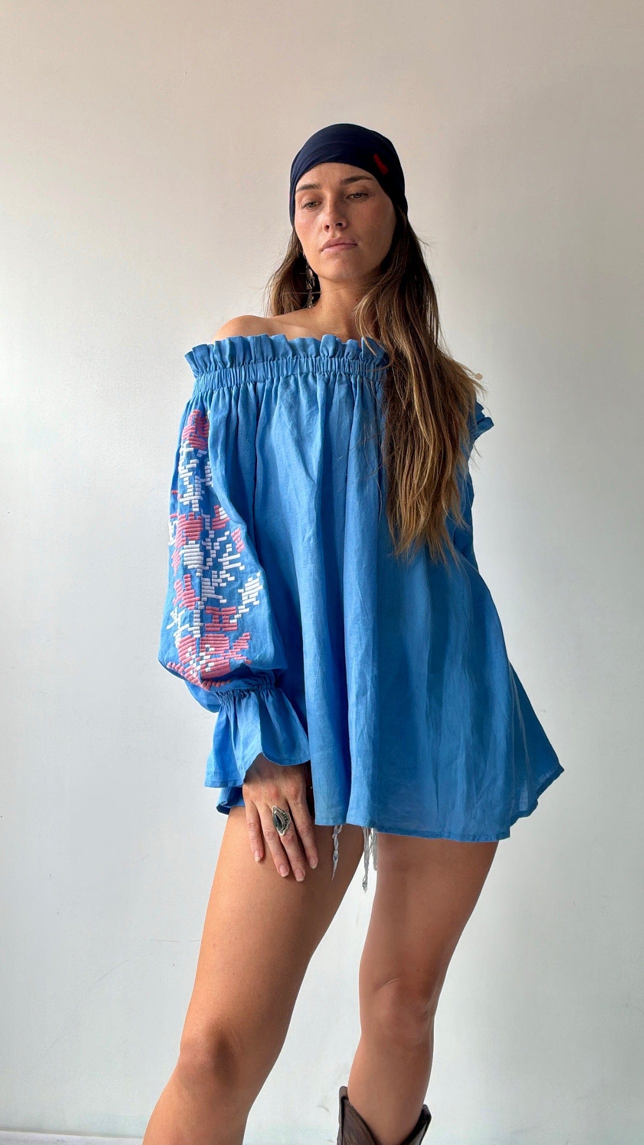 March 11 Top March 11 Blue/Pink Linen Off Shoulder Top