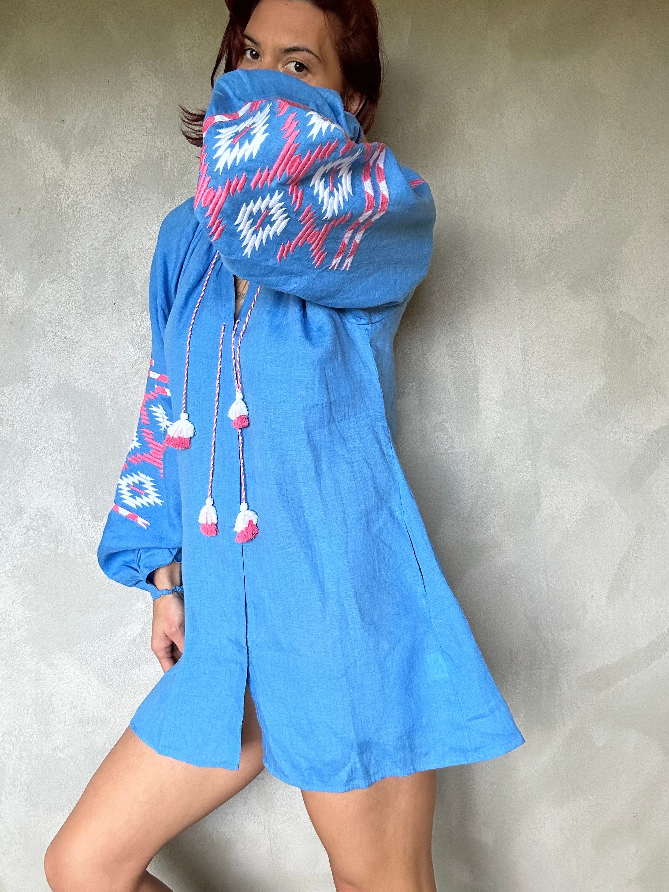 Sistergolden Blue Linen Dress Aztec