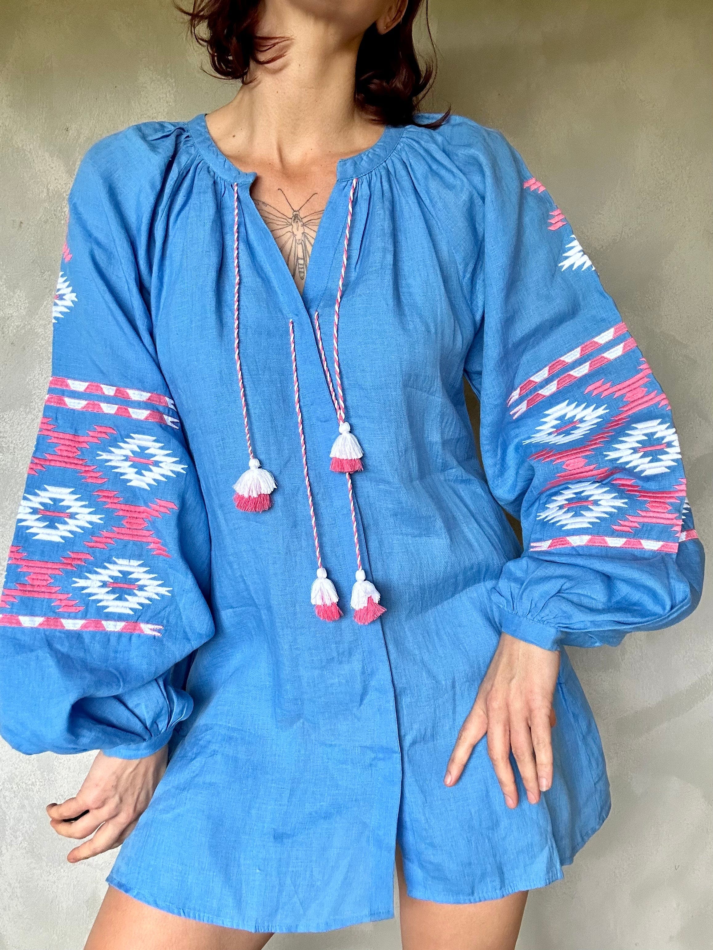 Sistergolden Blue Linen Dress Aztec