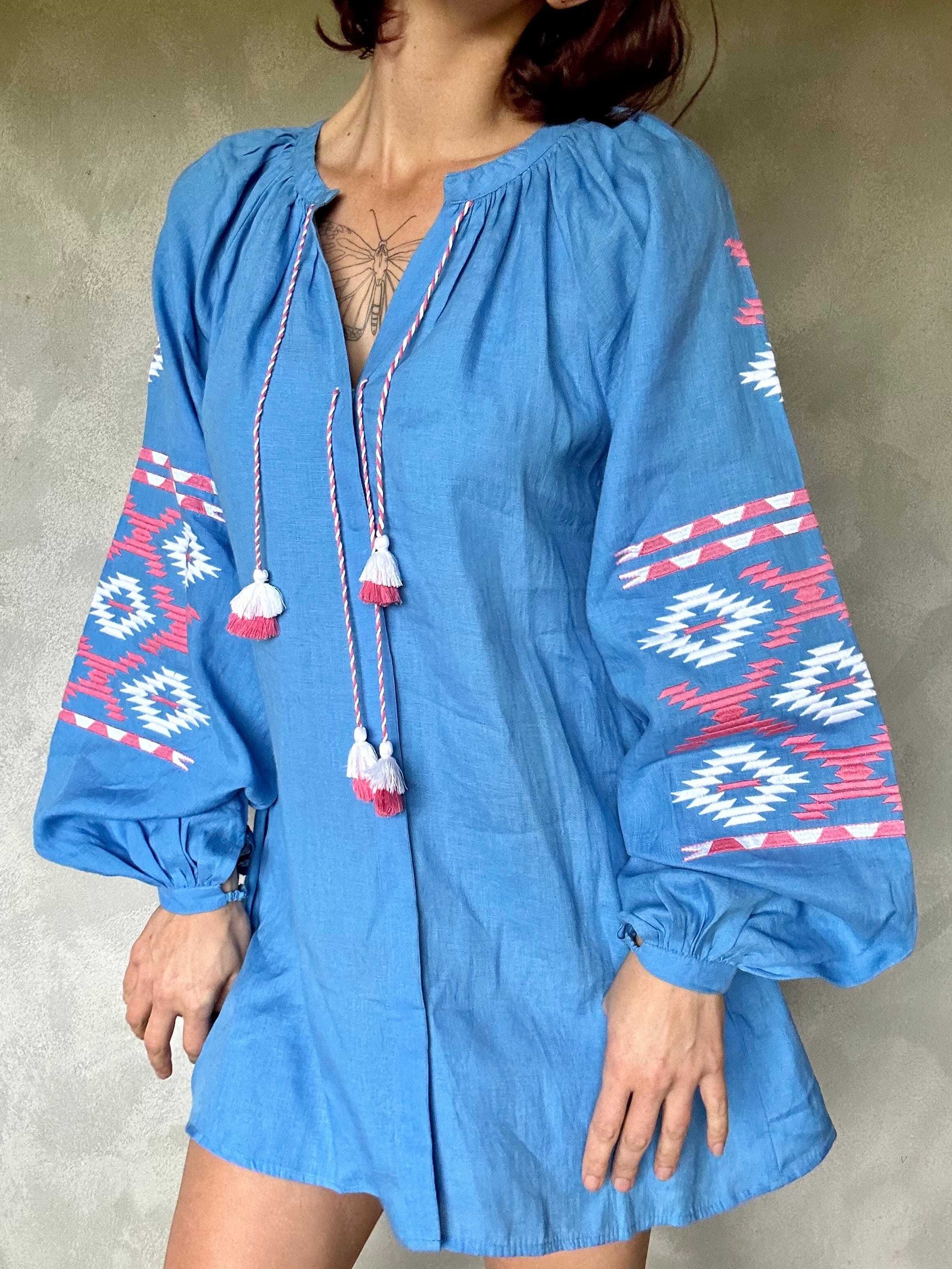 Sistergolden Blue Linen Dress Aztec