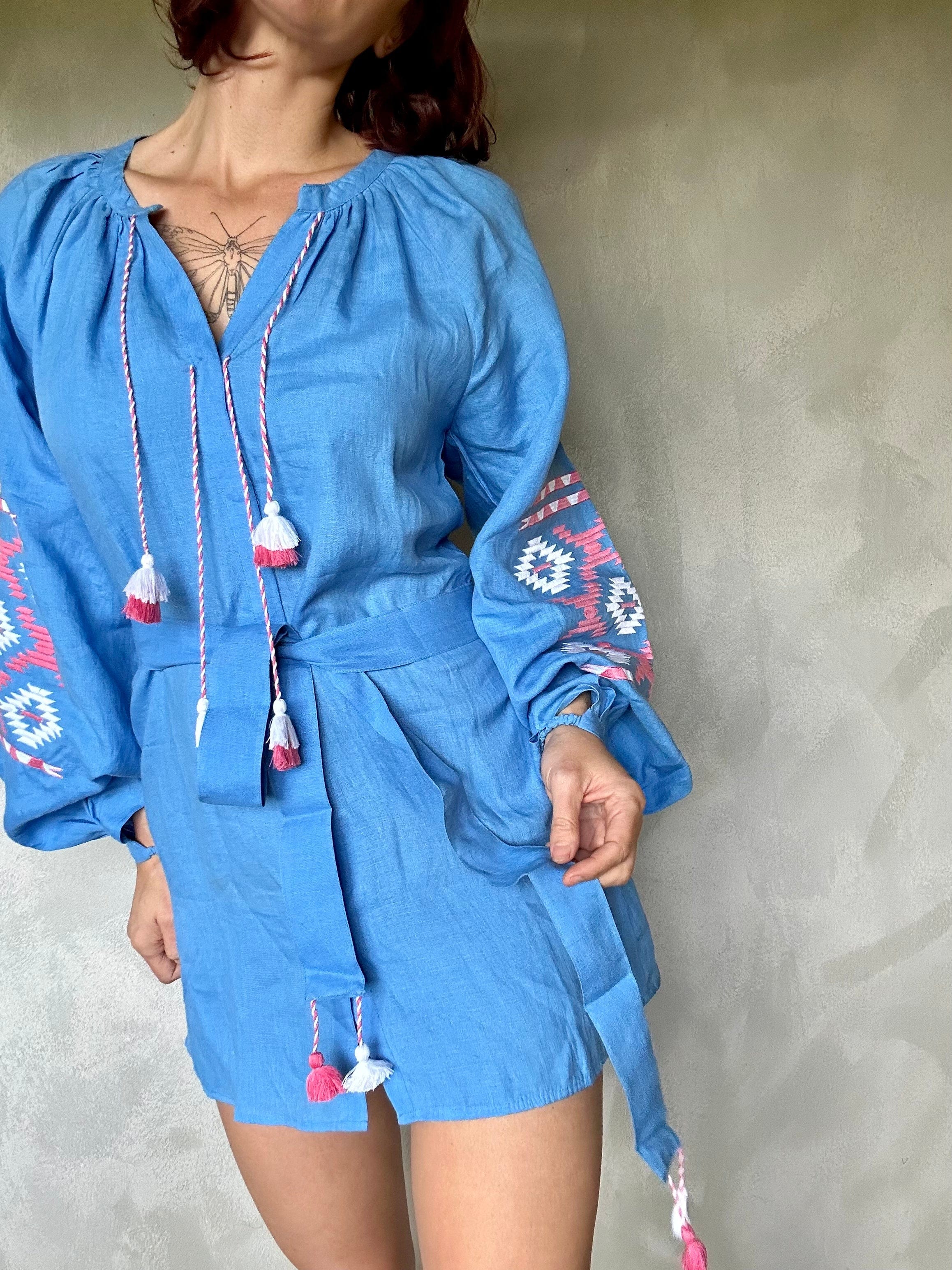 Sistergolden Blue Linen Dress Aztec