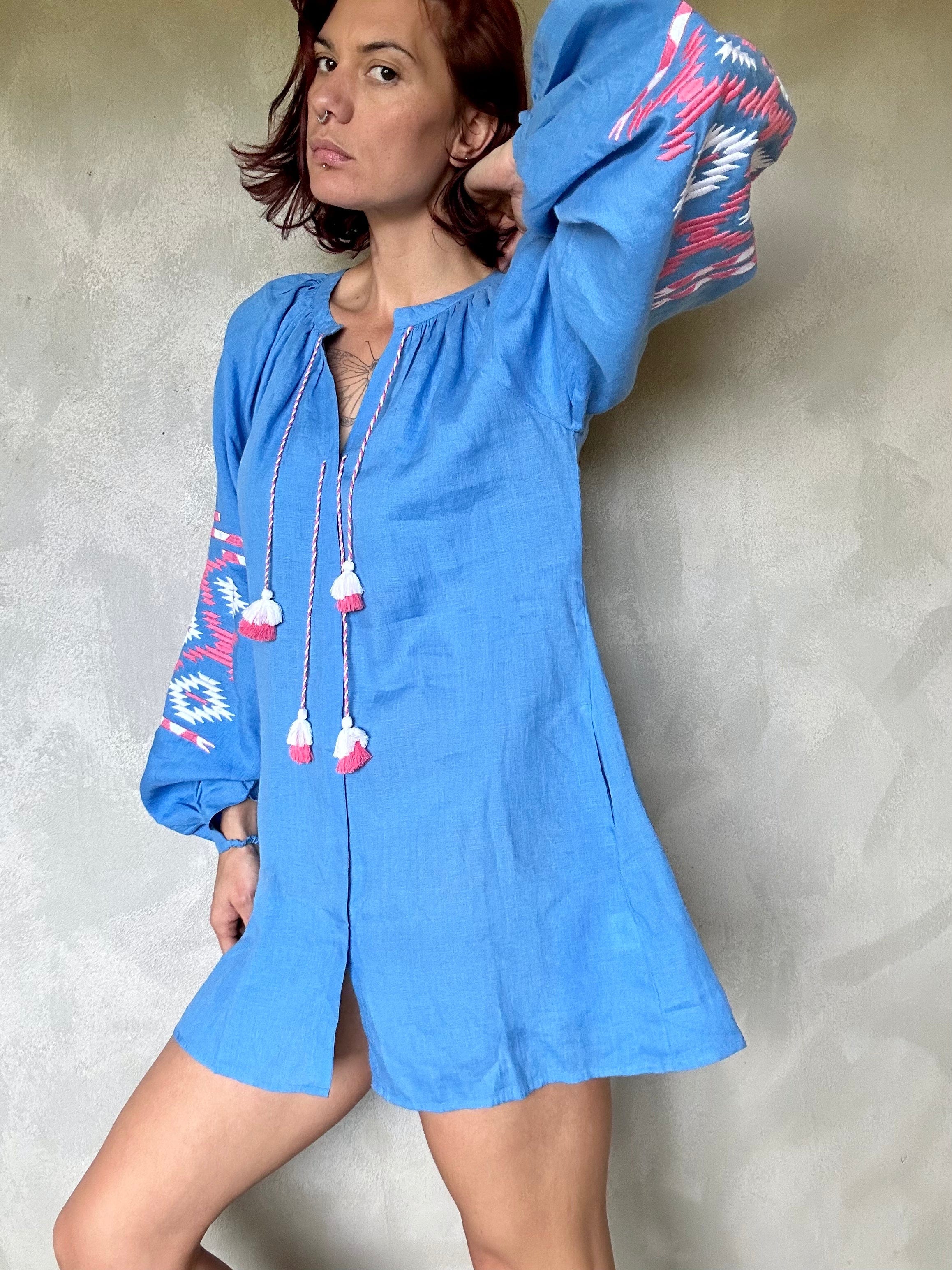 Sistergolden Blue Linen Dress Aztec