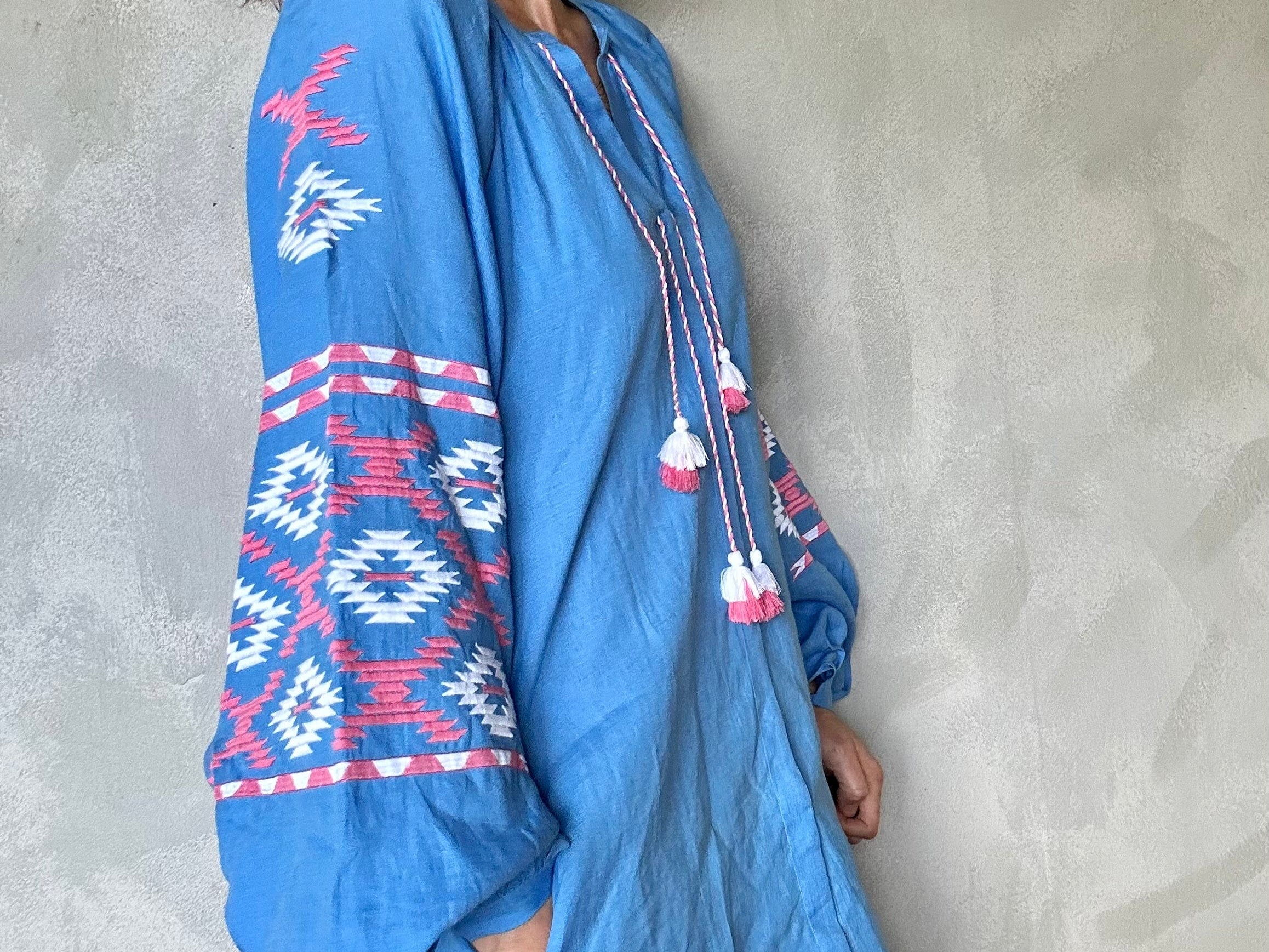 Sistergolden Blue Linen Dress Aztec