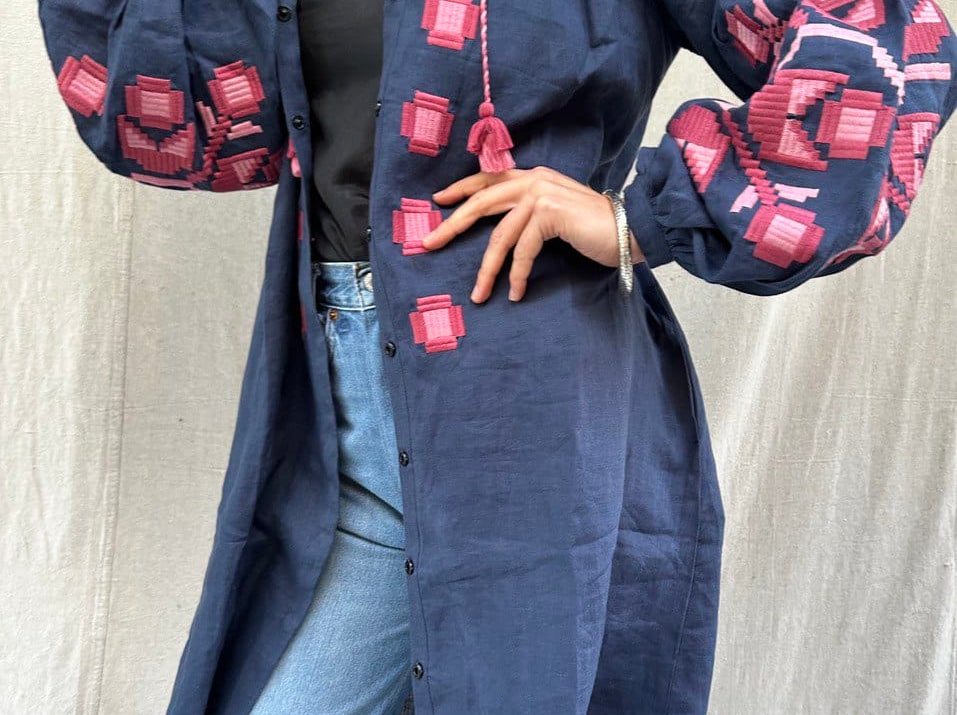 Sistergolden Dress Navy Linen Dress/Pink