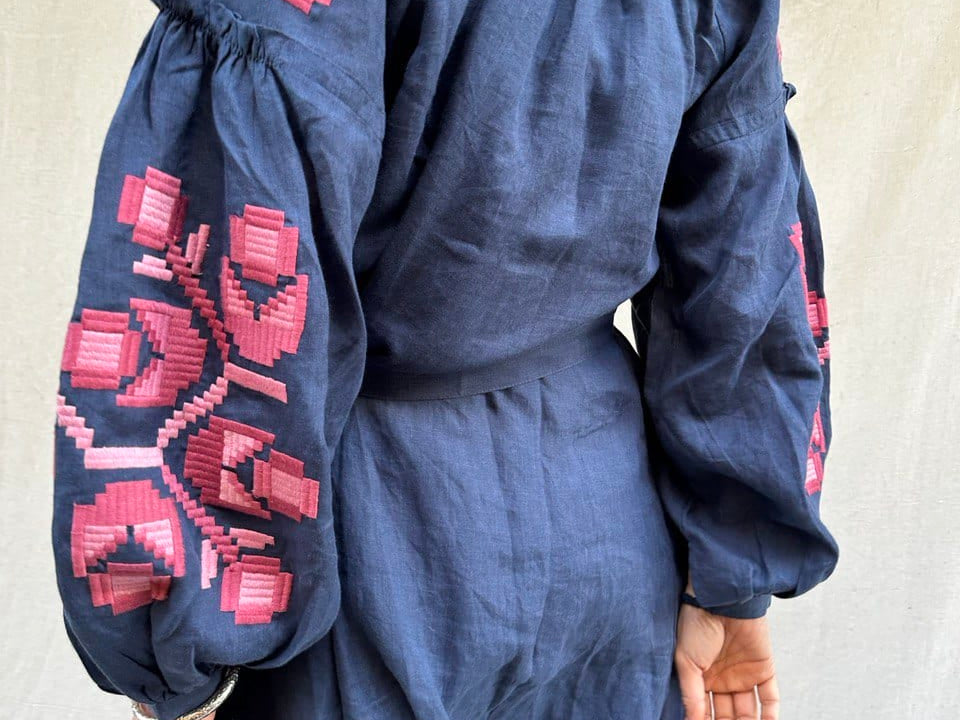 Sistergolden Dress Navy Linen Dress/Pink