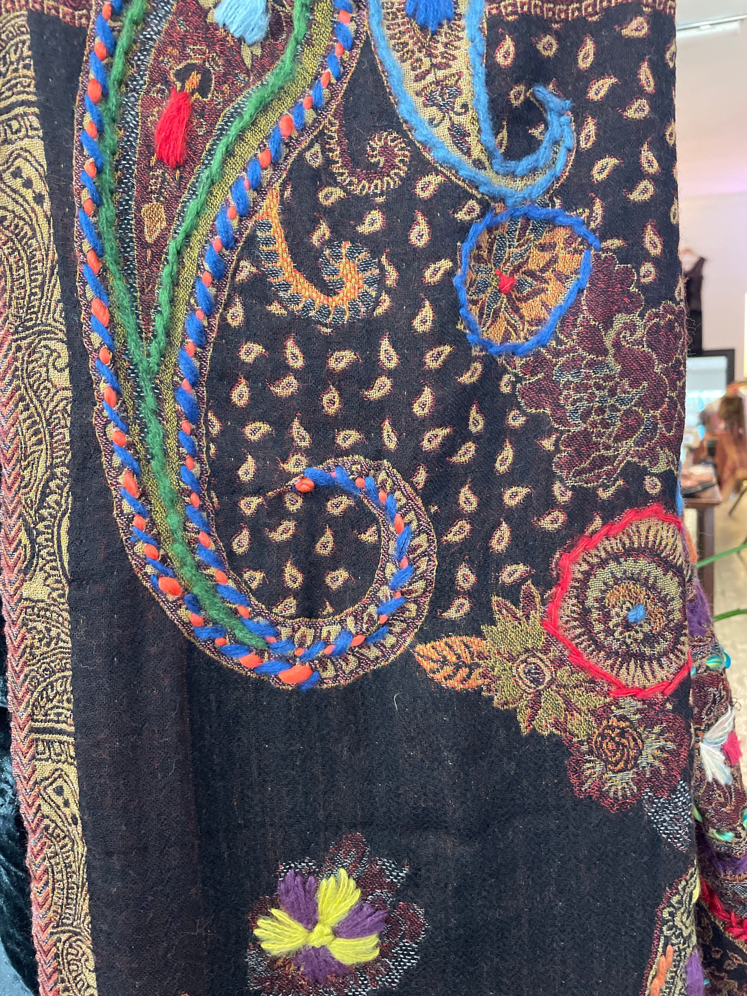 Fine Woollen Embroidered Scarf Black, Sistergolden, Sistergolden