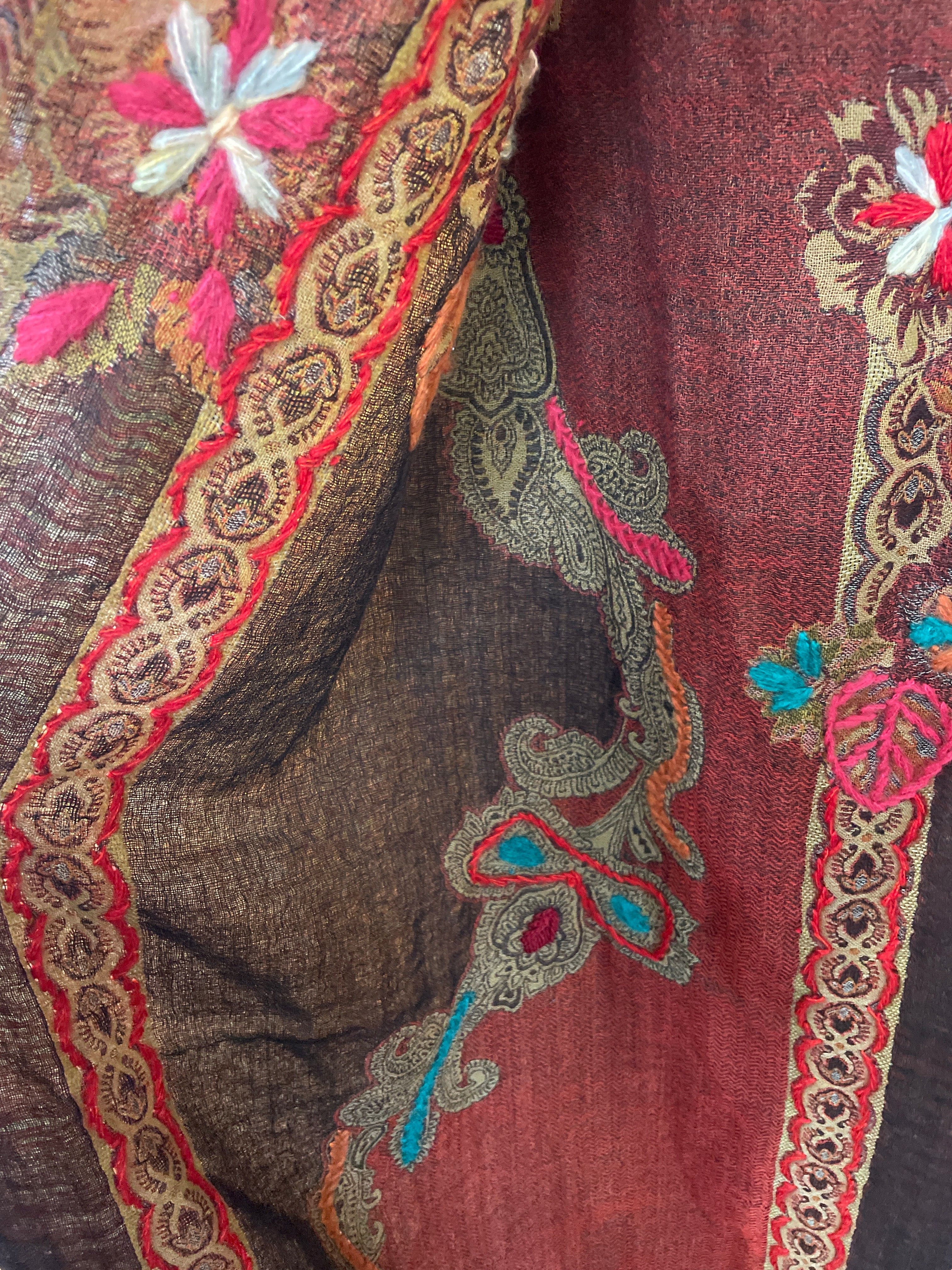 Sistergolden Fine Woollen Embroidered Scarf Brown