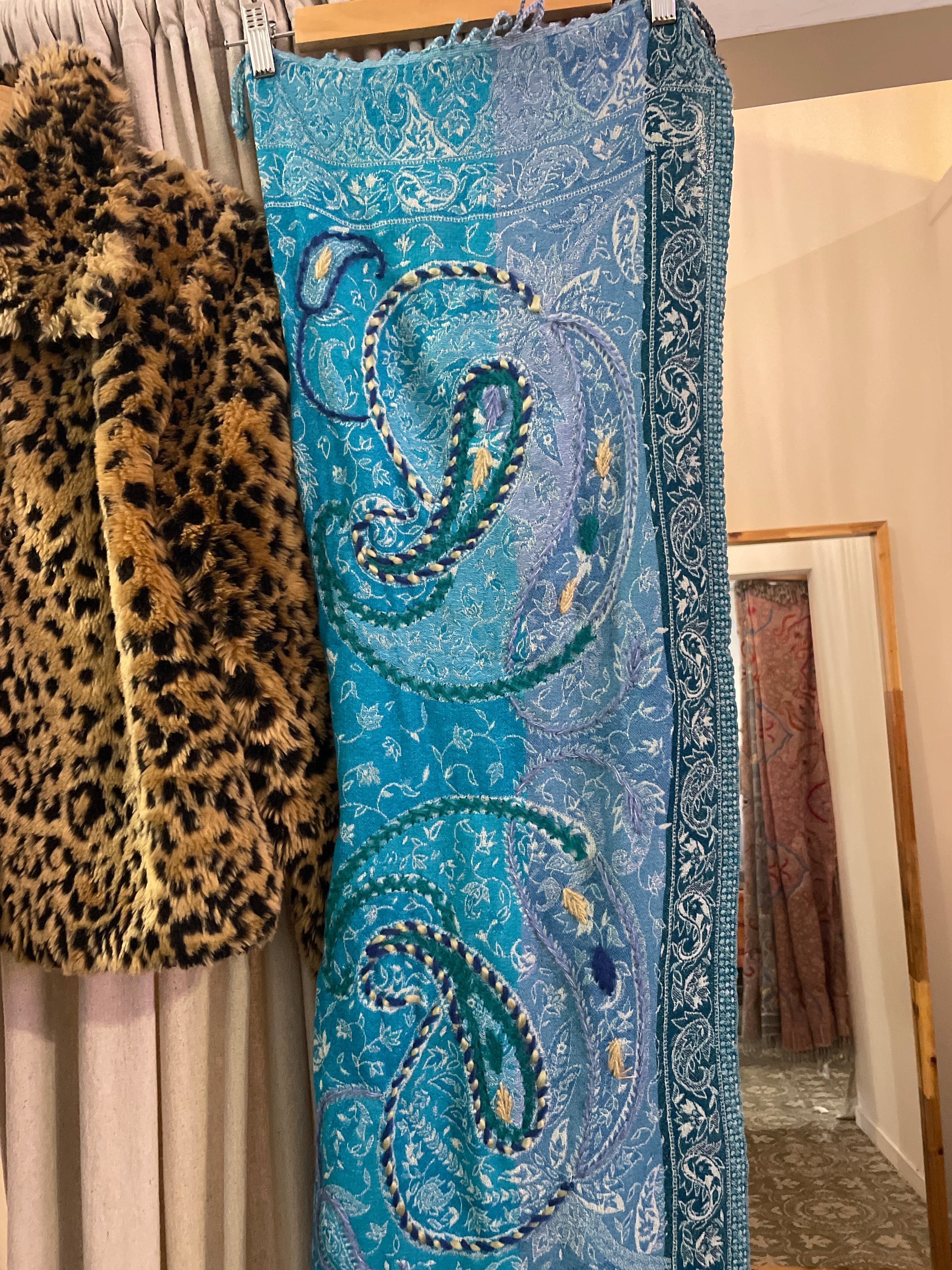 Fine Woollen Embroidered Scarf Teal, Sistergolden, Sistergolden