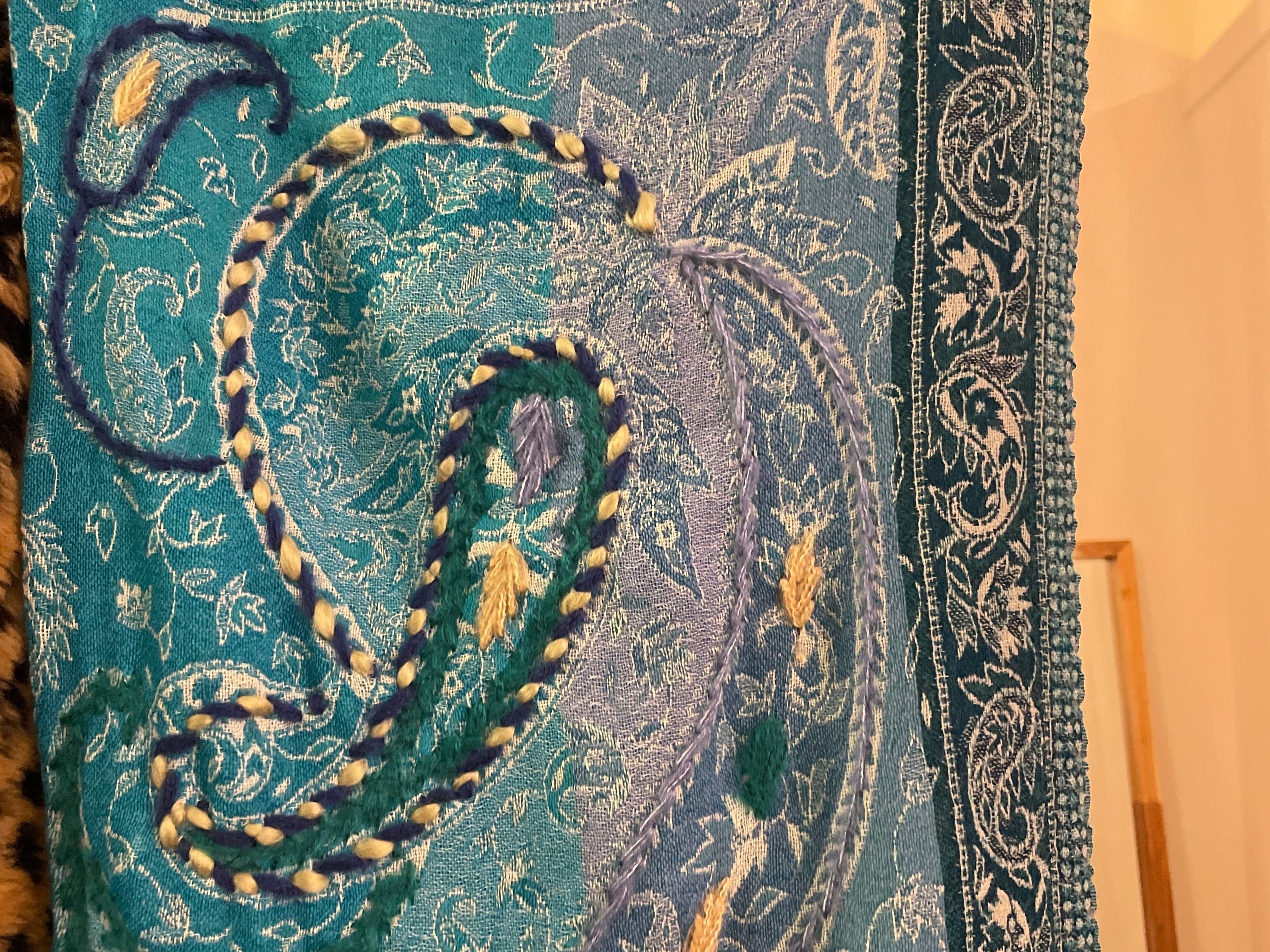 Fine Woollen Embroidered Scarf Teal, Sistergolden, Sistergolden