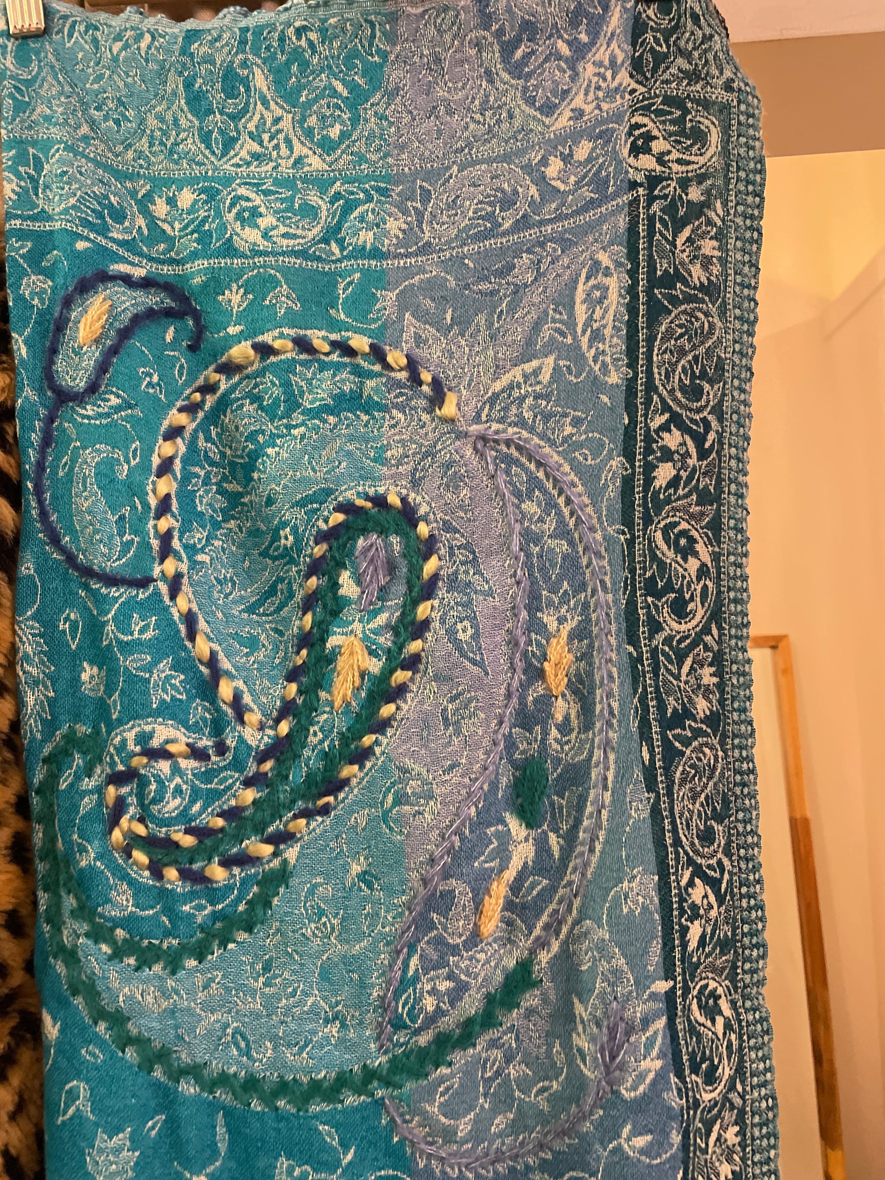 Fine Woollen Embroidered Scarf Teal, Sistergolden, Sistergolden