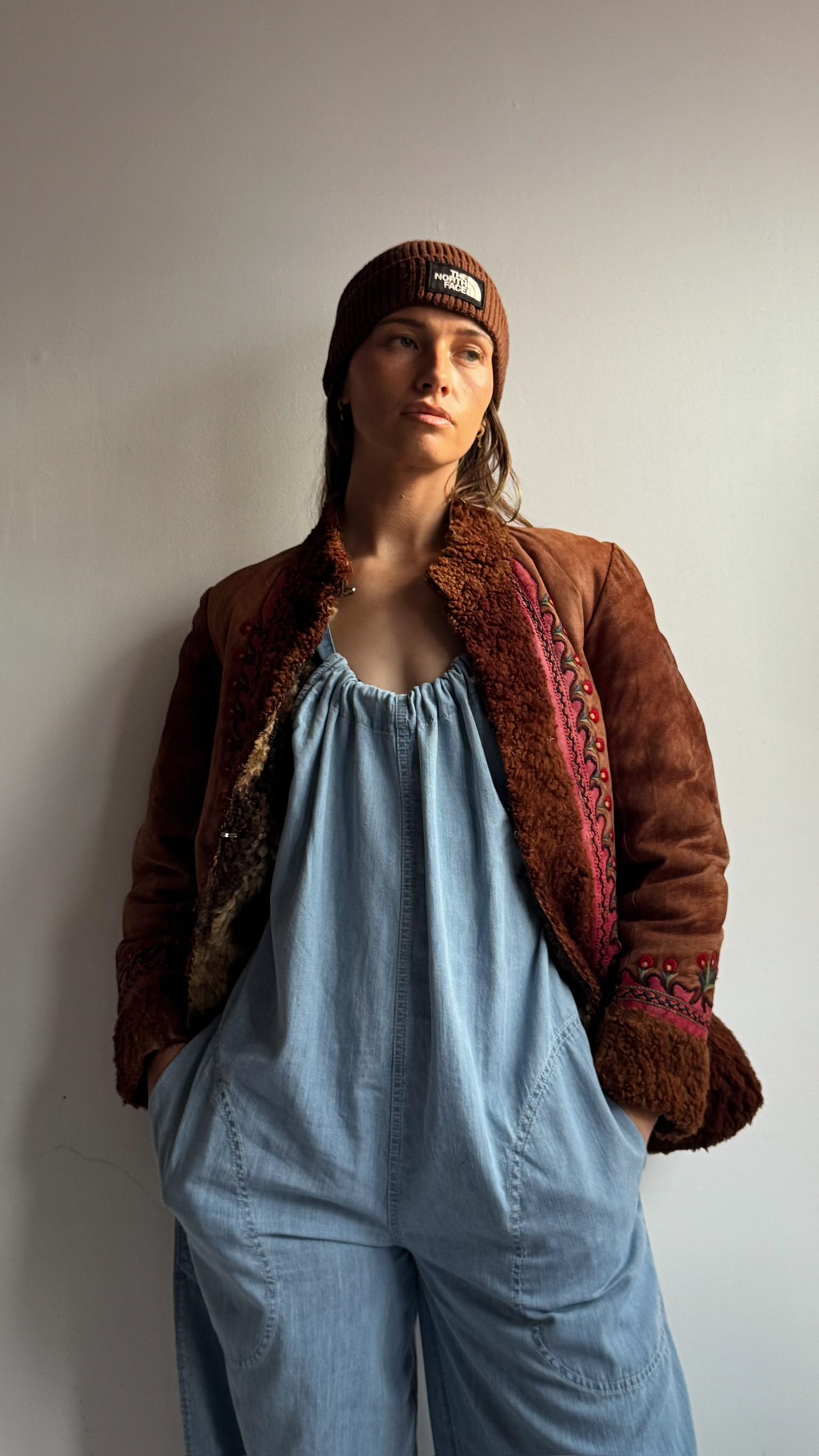 SisterGolden Jacket Vintage Polish Folk Pink Suede Shearling Jacket