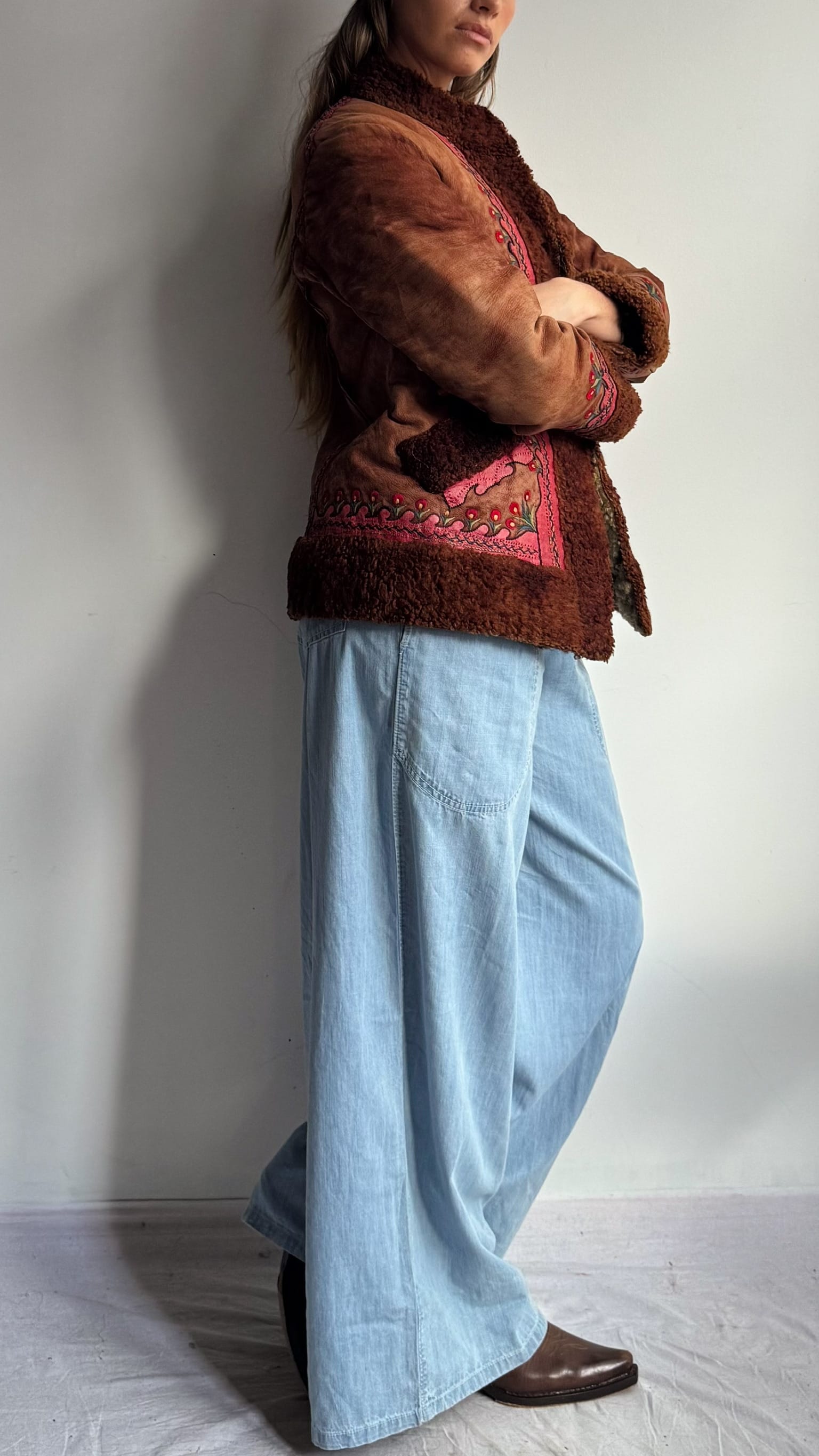 SisterGolden Jacket Vintage Polish Folk Pink Suede Shearling Jacket