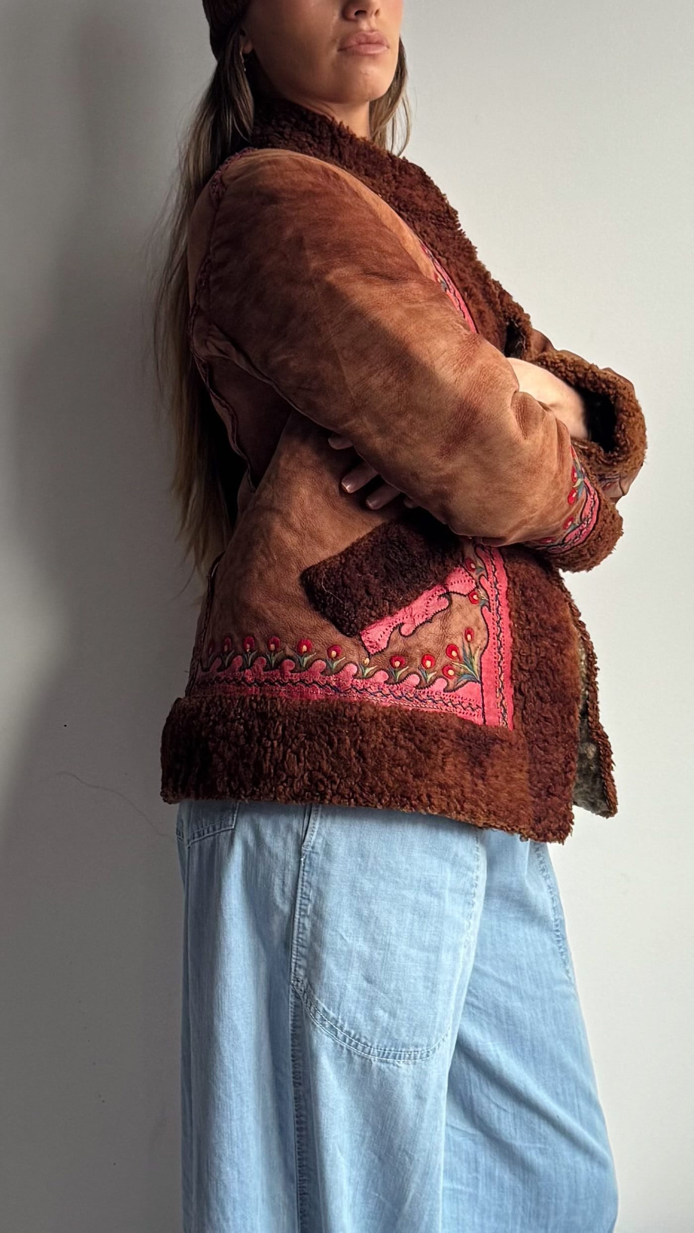 SisterGolden Jacket Vintage Polish Folk Pink Suede Shearling Jacket