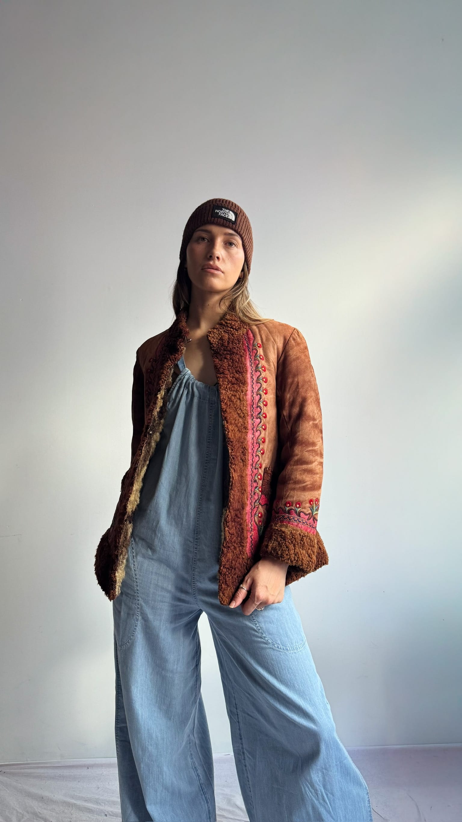 SisterGolden Jacket Vintage Polish Folk Pink Suede Shearling Jacket