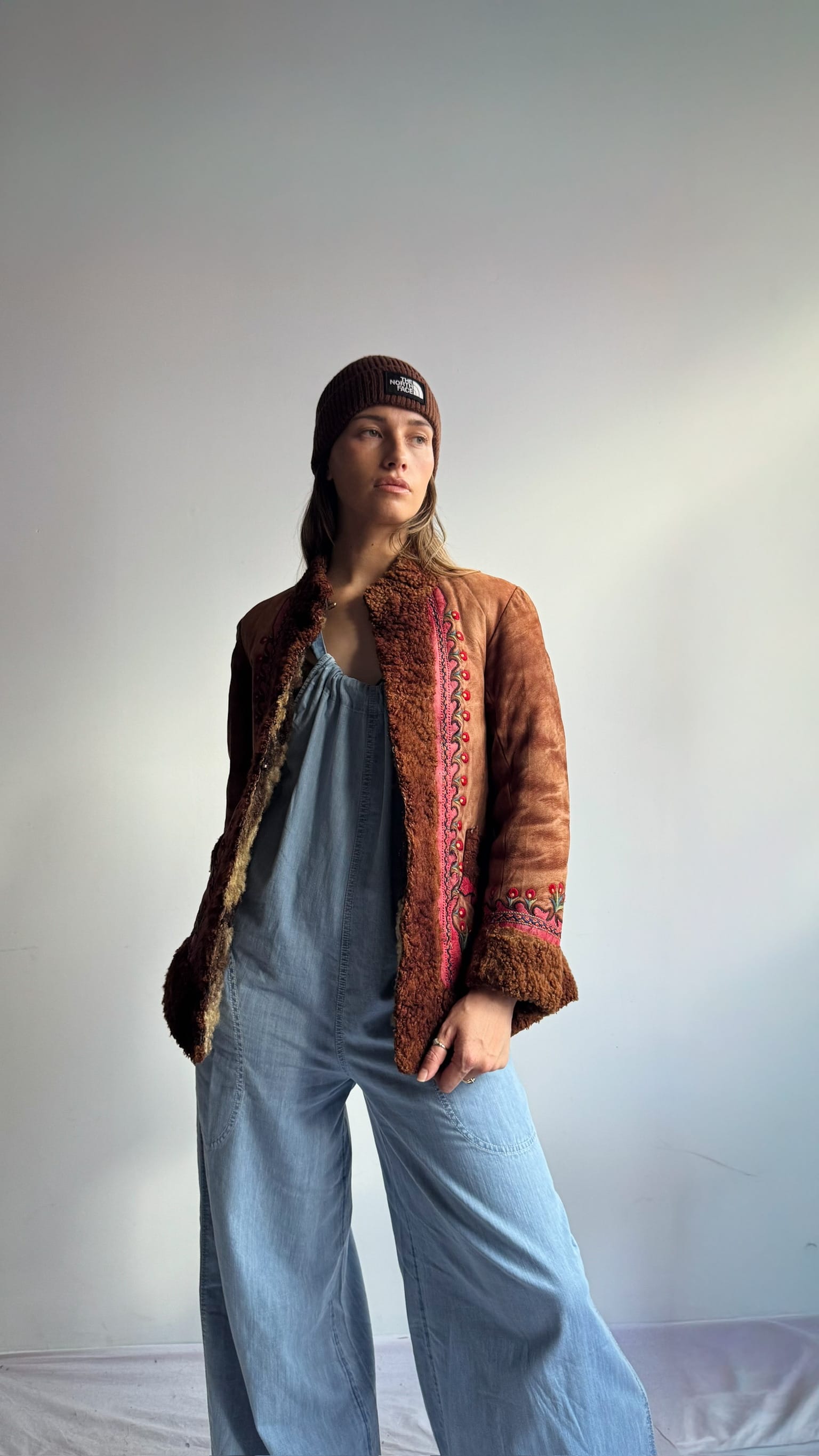 SisterGolden Jacket Vintage Polish Folk Pink Suede Shearling Jacket