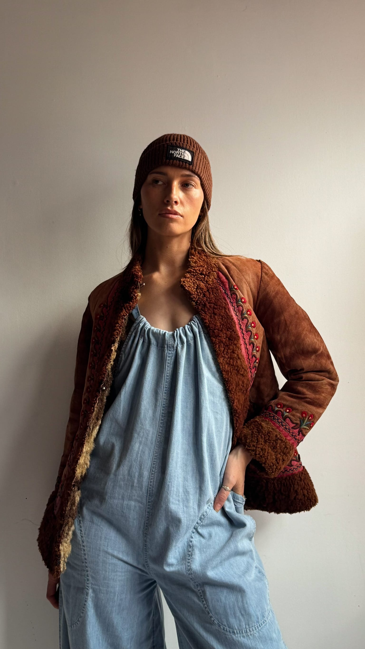 SisterGolden Jacket Vintage Polish Folk Pink Suede Shearling Jacket