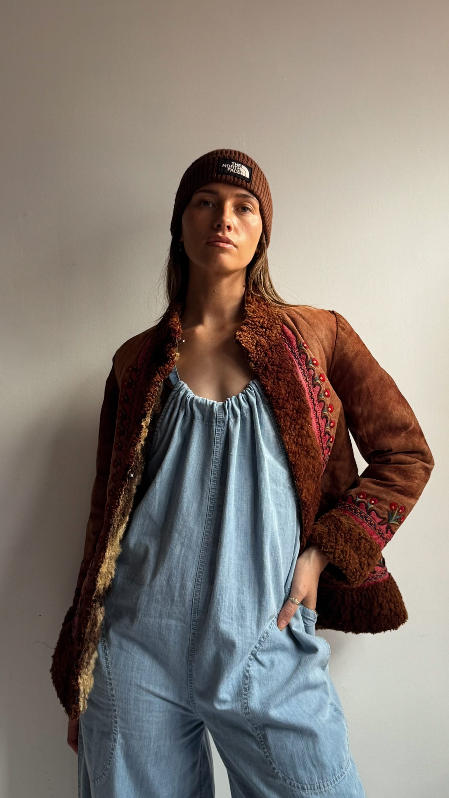 SisterGolden Jacket Vintage Polish Folk Pink Suede Shearling Jacket