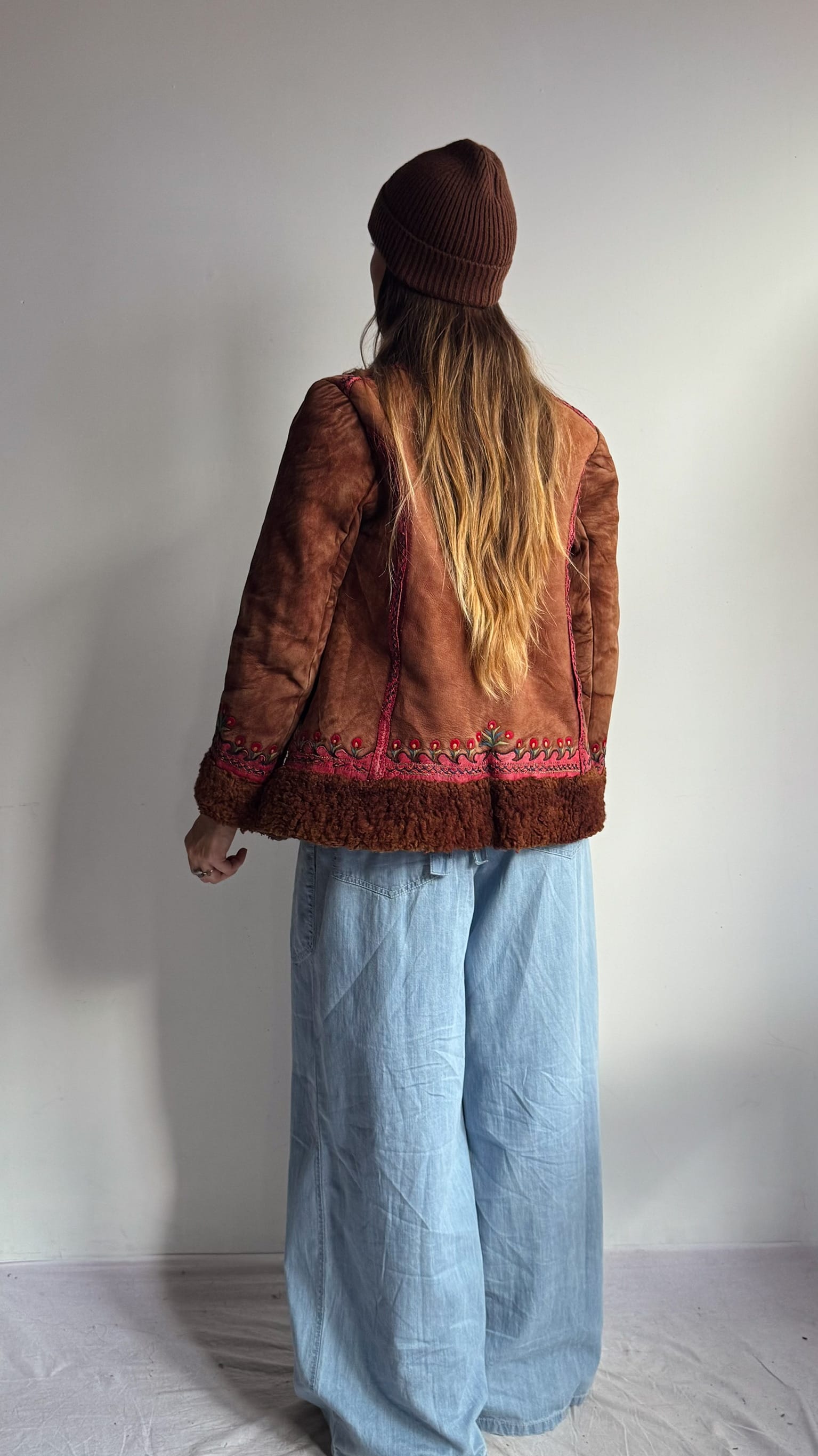 SisterGolden Jacket Vintage Polish Folk Pink Suede Shearling Jacket
