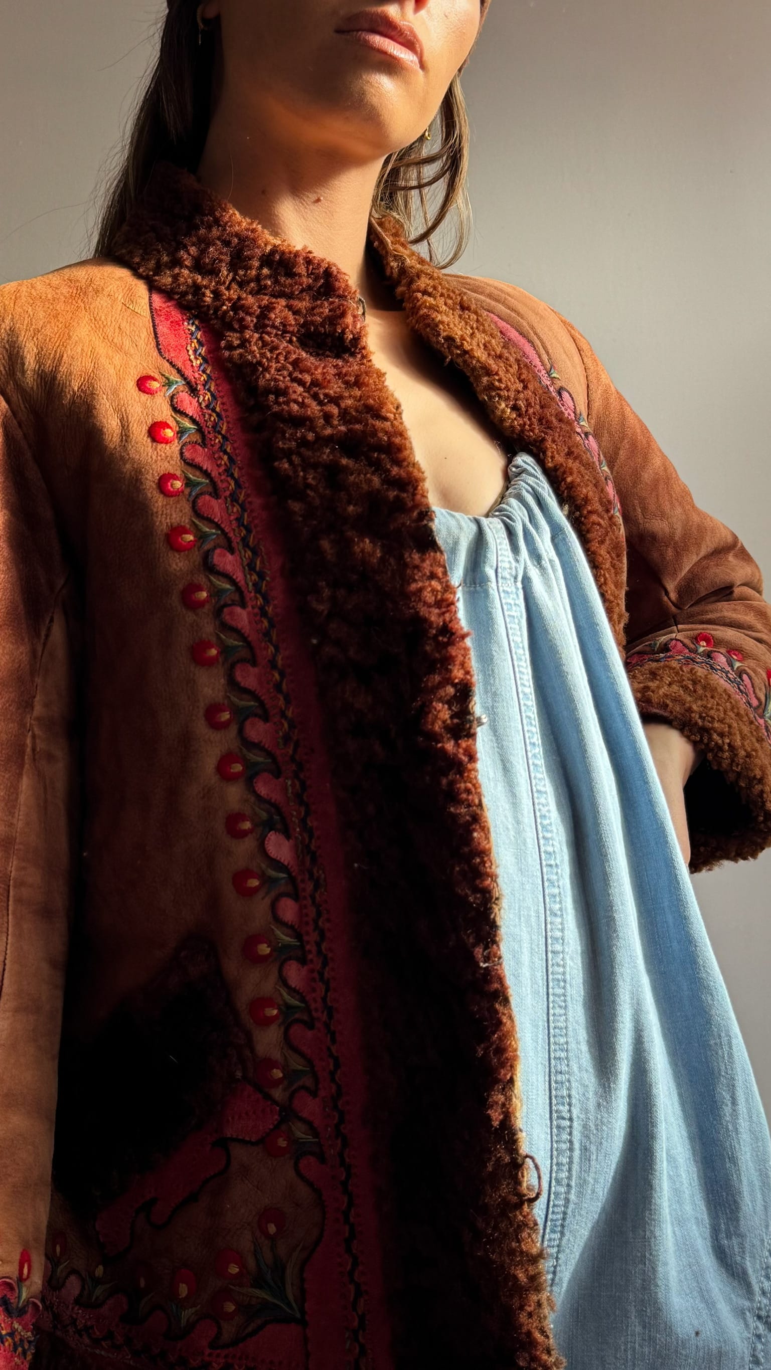 SisterGolden Jacket Vintage Polish Folk Pink Suede Shearling Jacket