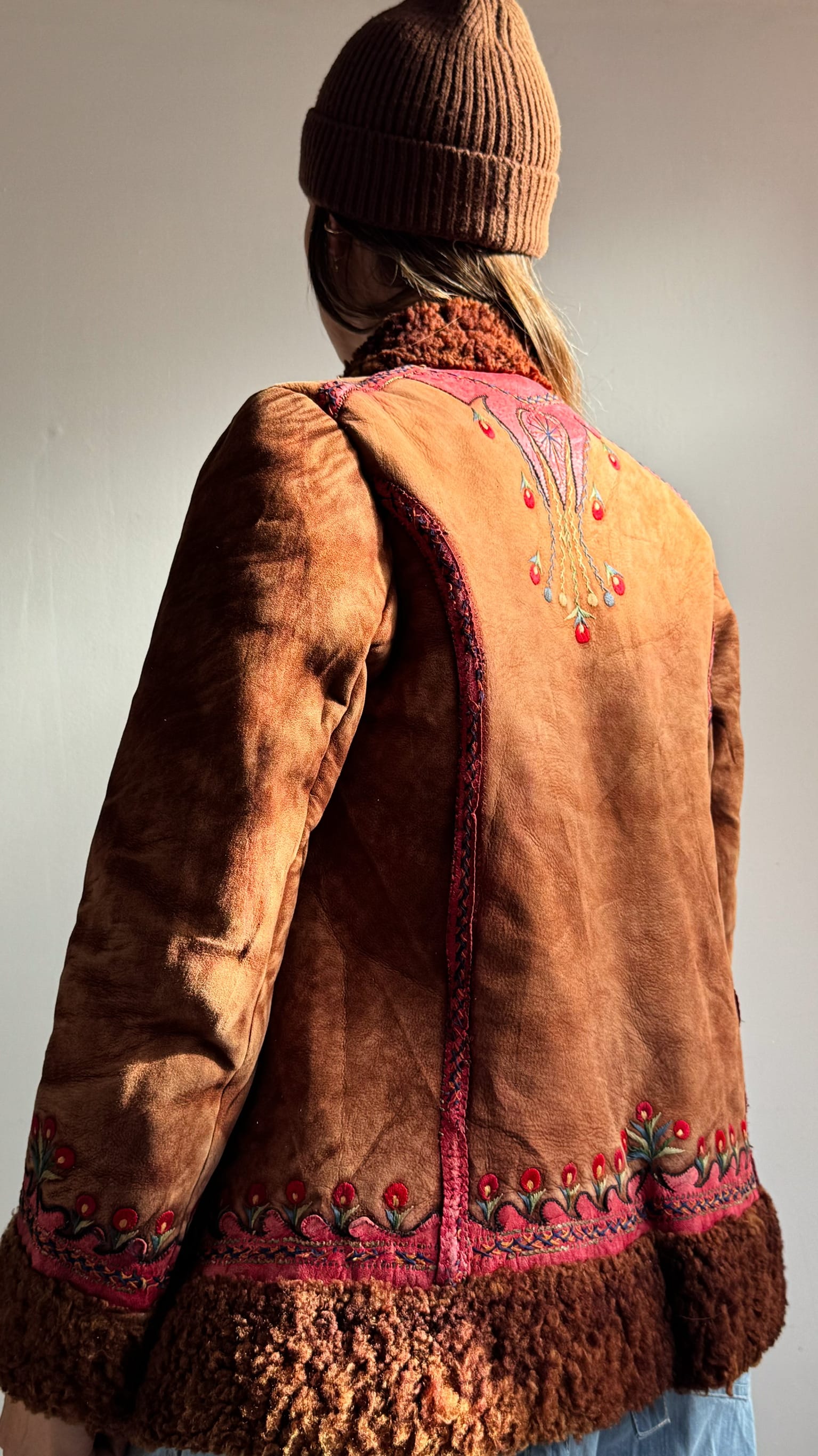 SisterGolden Jacket Vintage Polish Folk Pink Suede Shearling Jacket