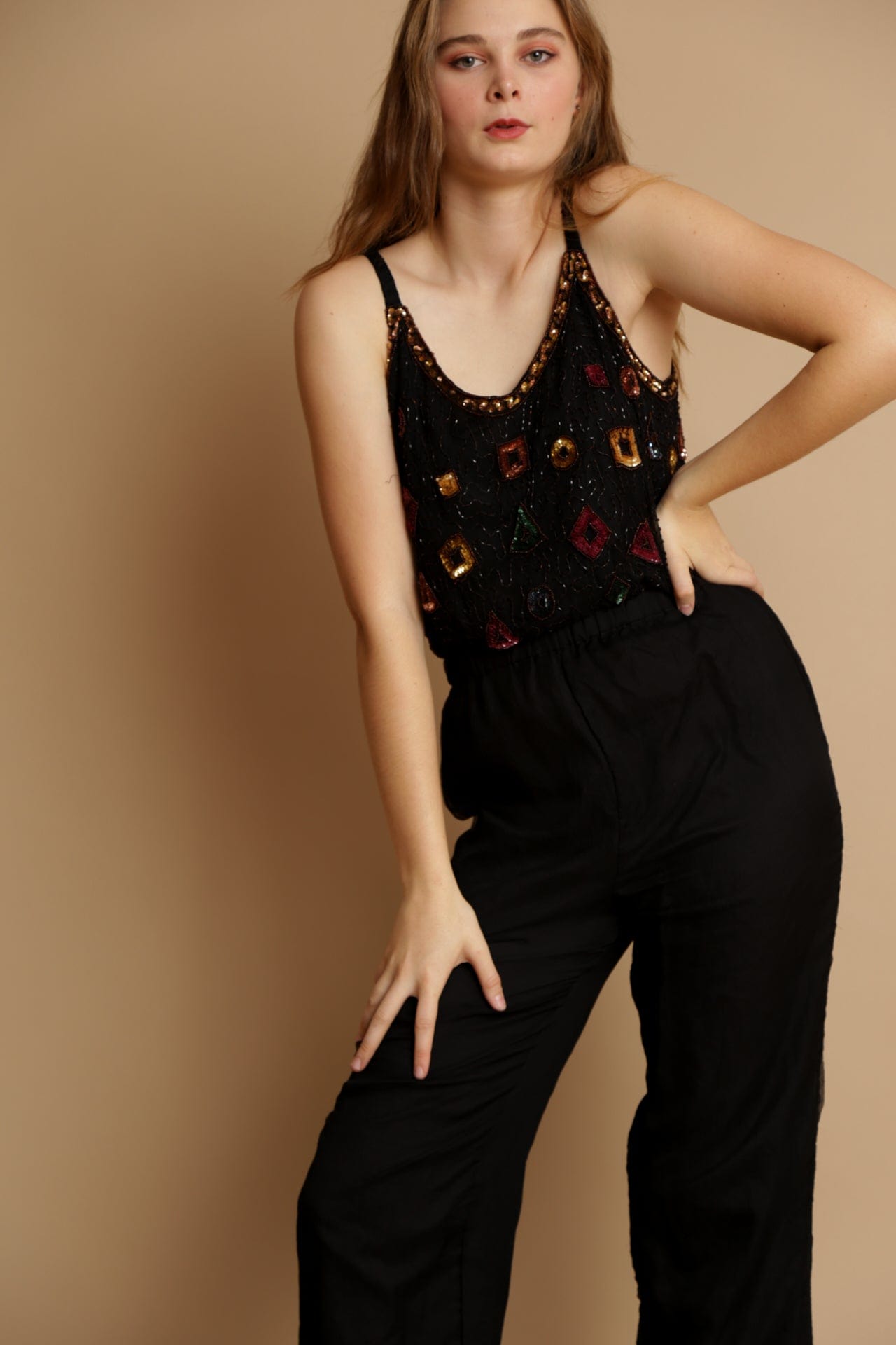 SisterGolden Jumpsuits Beaded Vintage Silk Jumpsuit