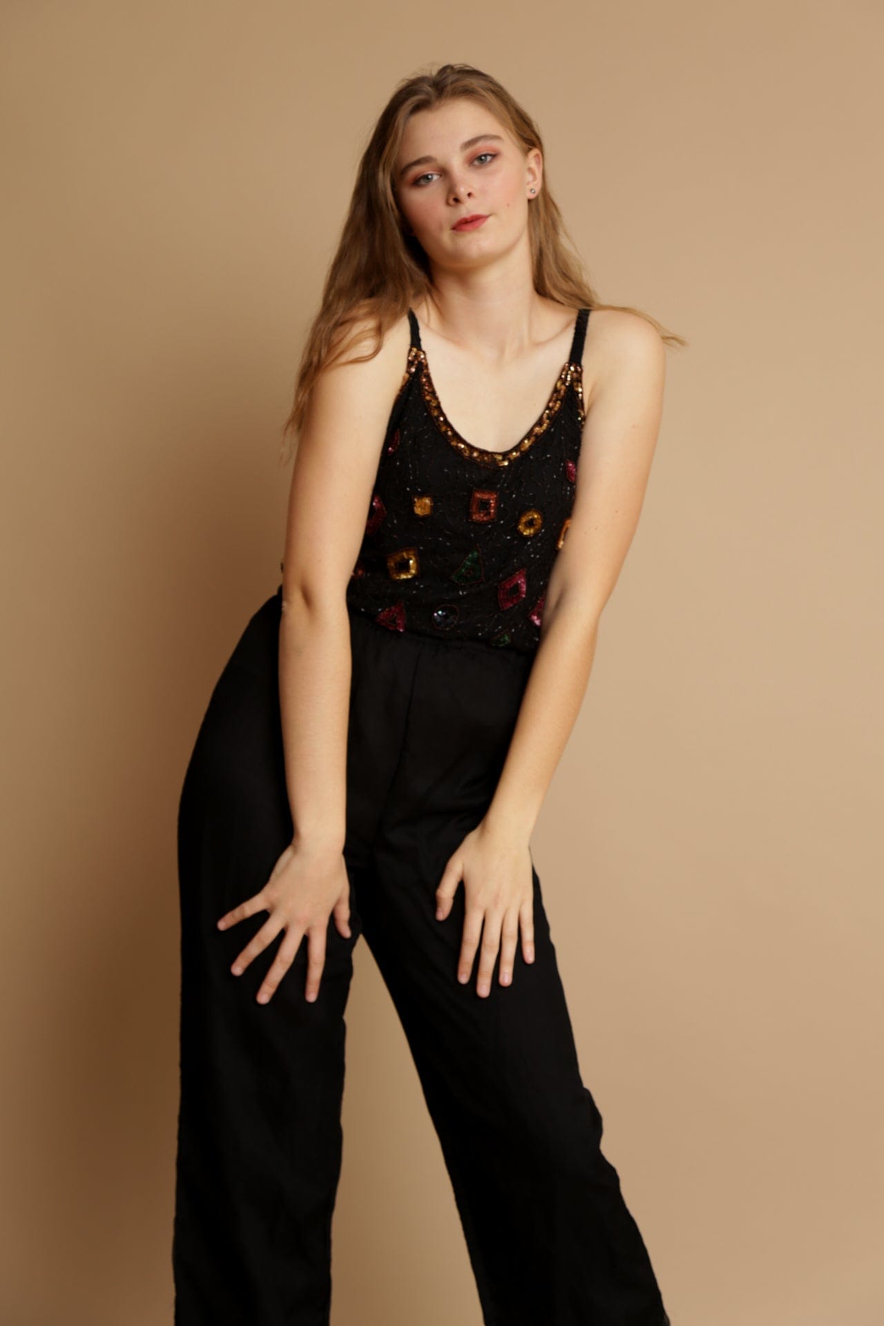 SisterGolden Jumpsuits Beaded Vintage Silk Jumpsuit