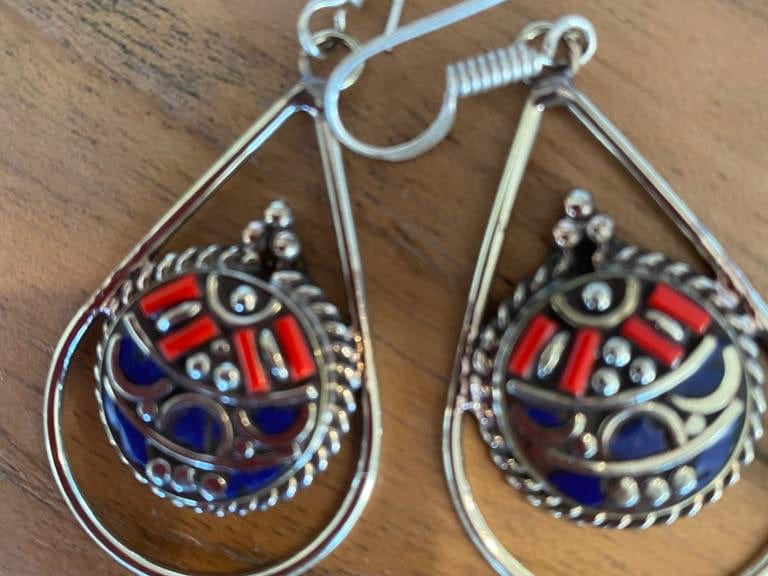 Sistergolden Perch Lapis Coral Tibetan Earrings