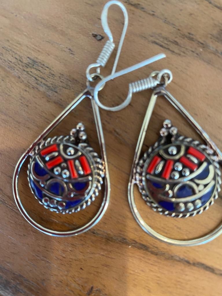 Sistergolden Perch Lapis Coral Tibetan Earrings