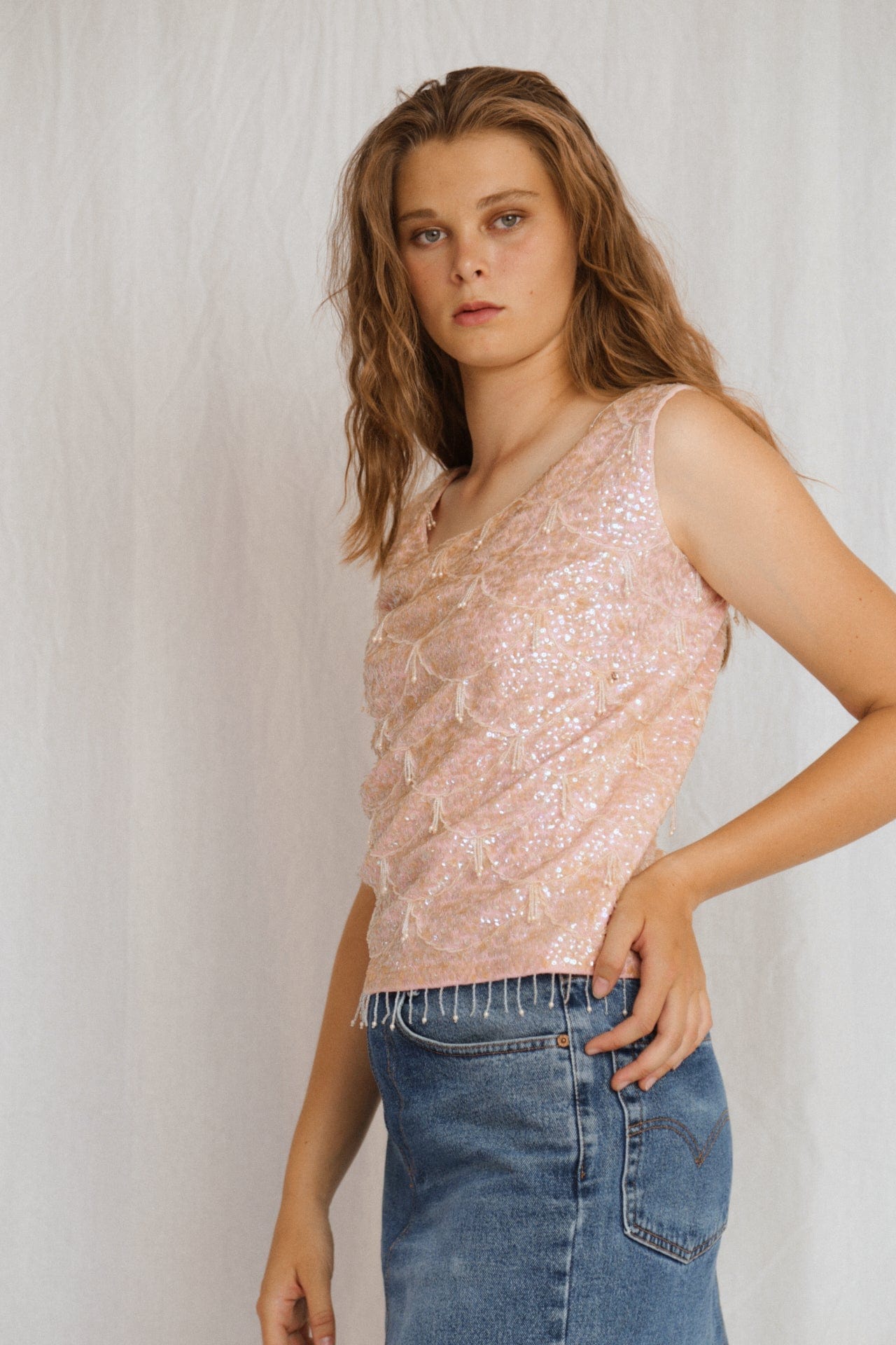 SisterGolden Tank Vintage Pink Sequinned Beaded Tank