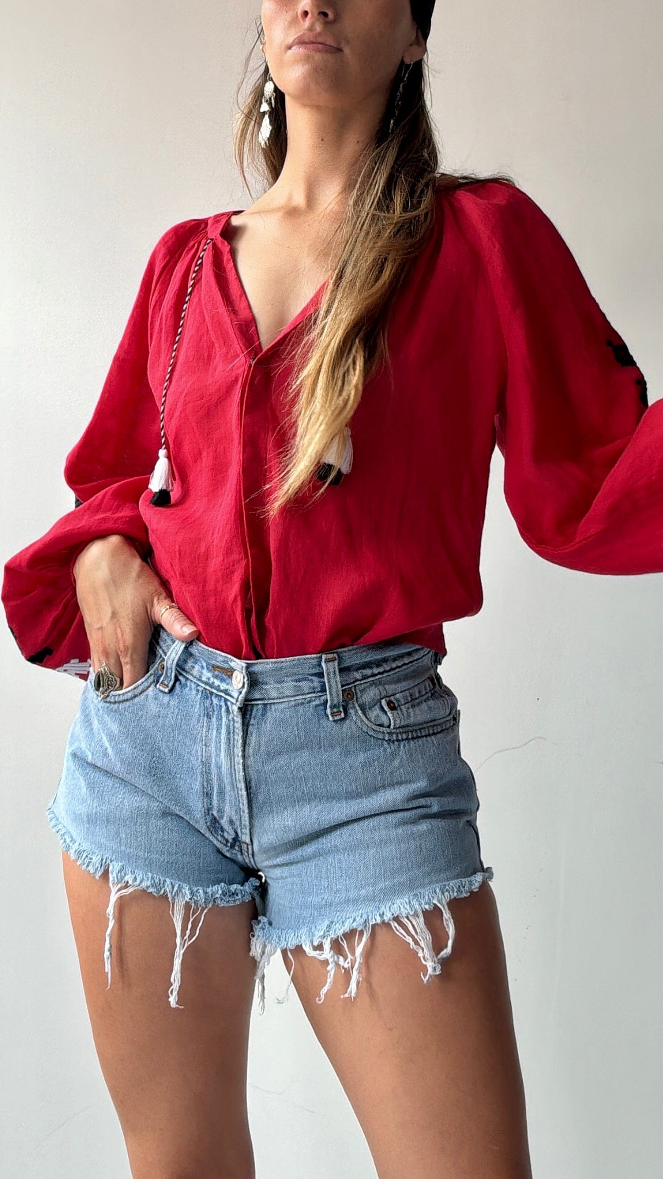 Sistergolden Tops March 11 Red Linen Top/Black