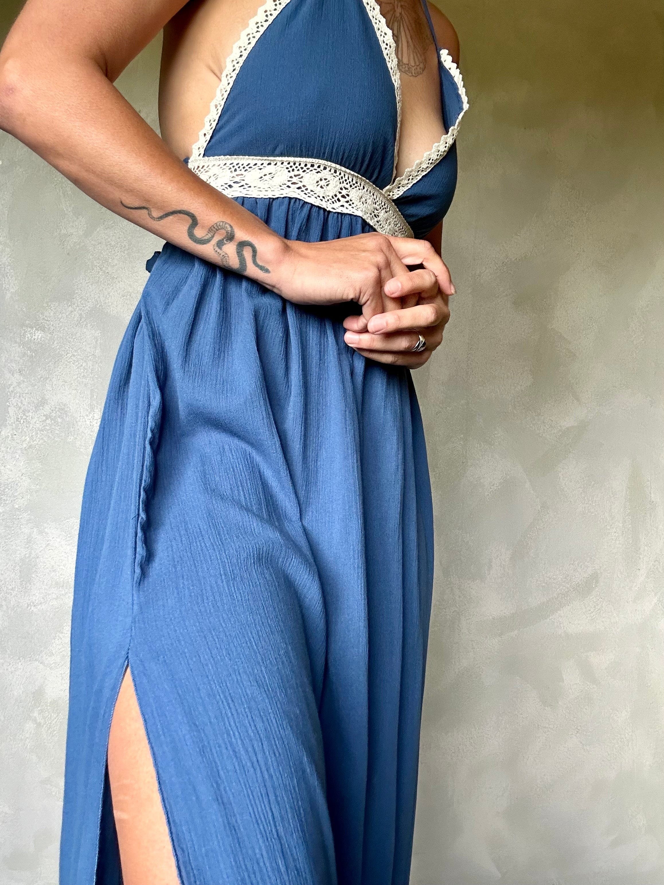 Sistergolden Turkish Cotton Blue Maxi Dress