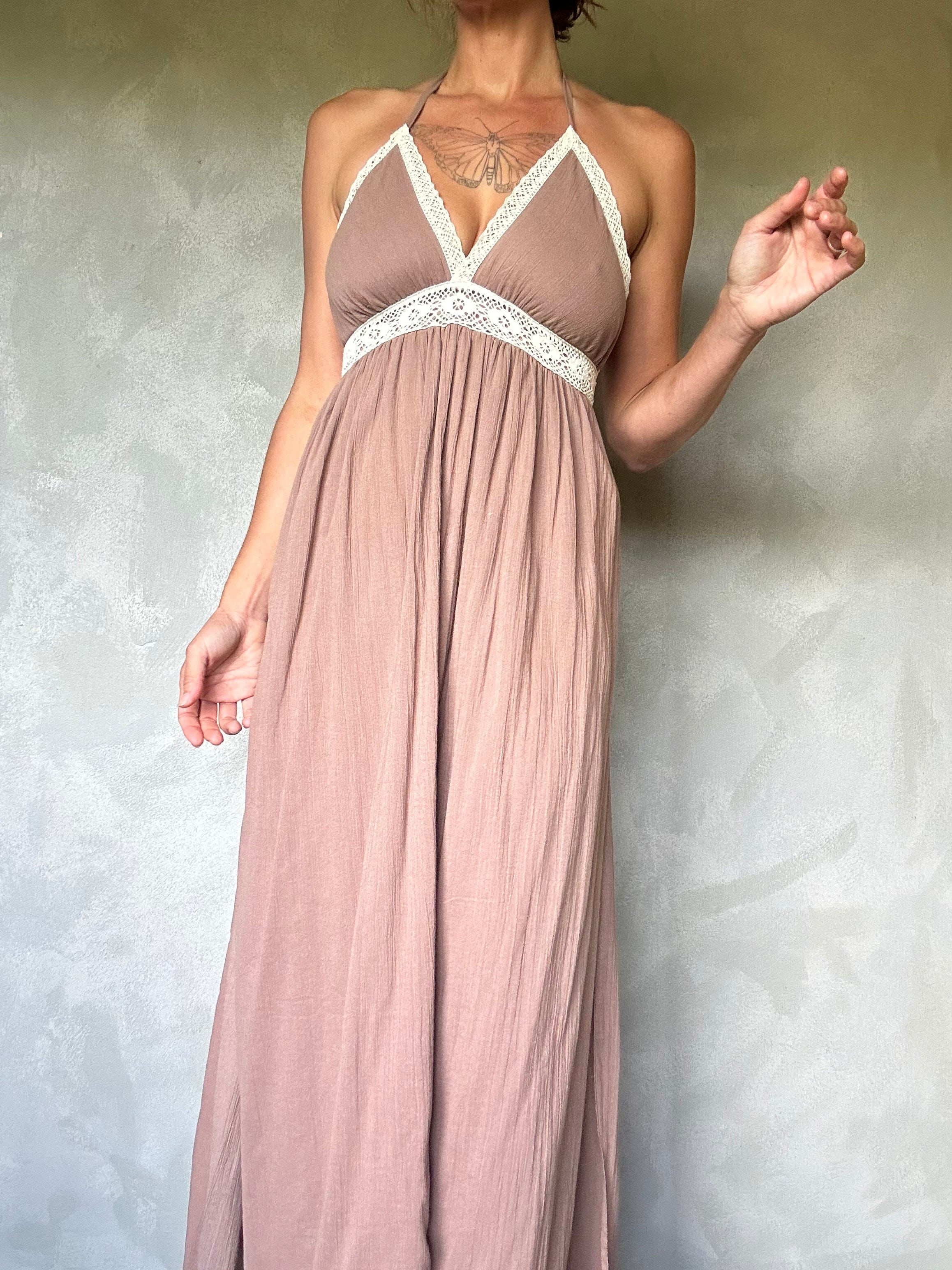 Sistergolden Turkish Cotton Taupe Maxi Dress