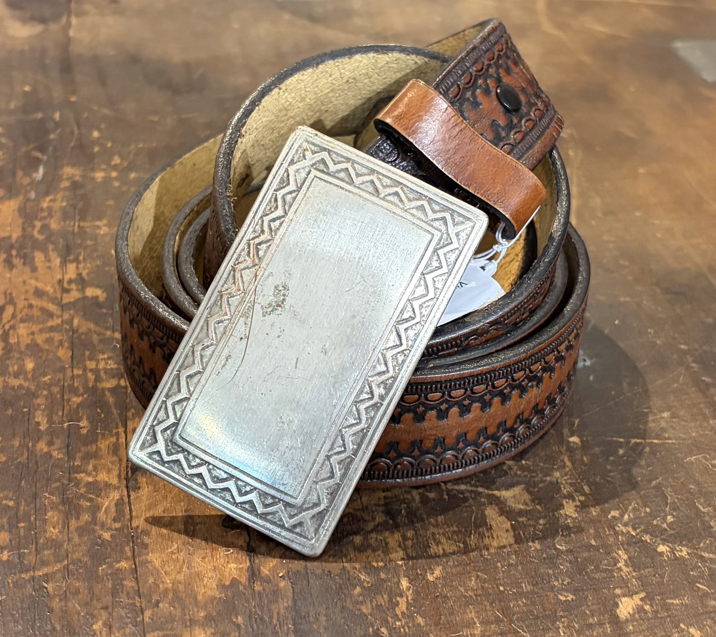 Vintage Aztec Hand Tooled Belt 54”, Sistergolden, Sistergolden