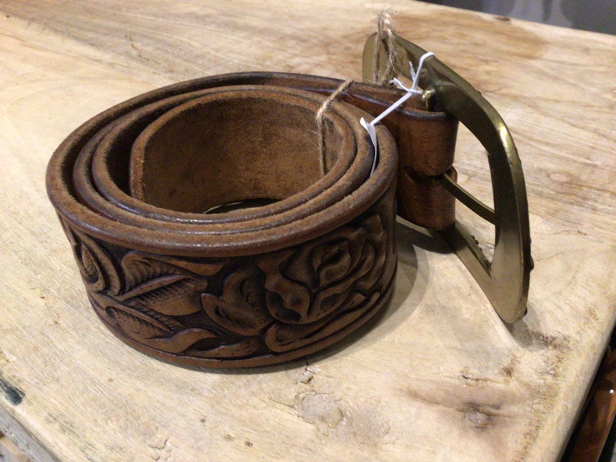 Sistergolden Vintage Rose Hand Tooled Belt 32.5”