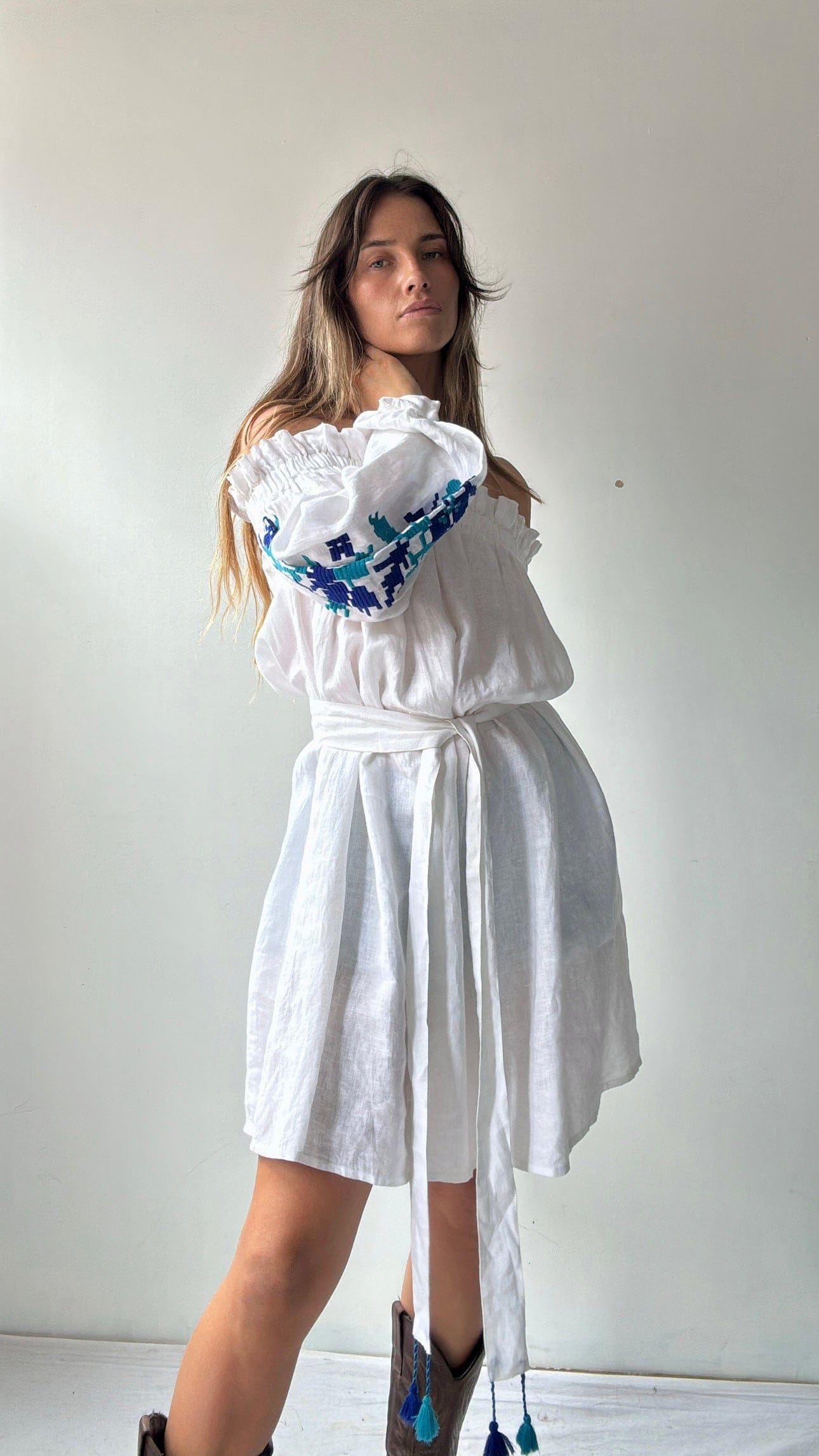Sistergolden White Linen Dress/Off Shoulder